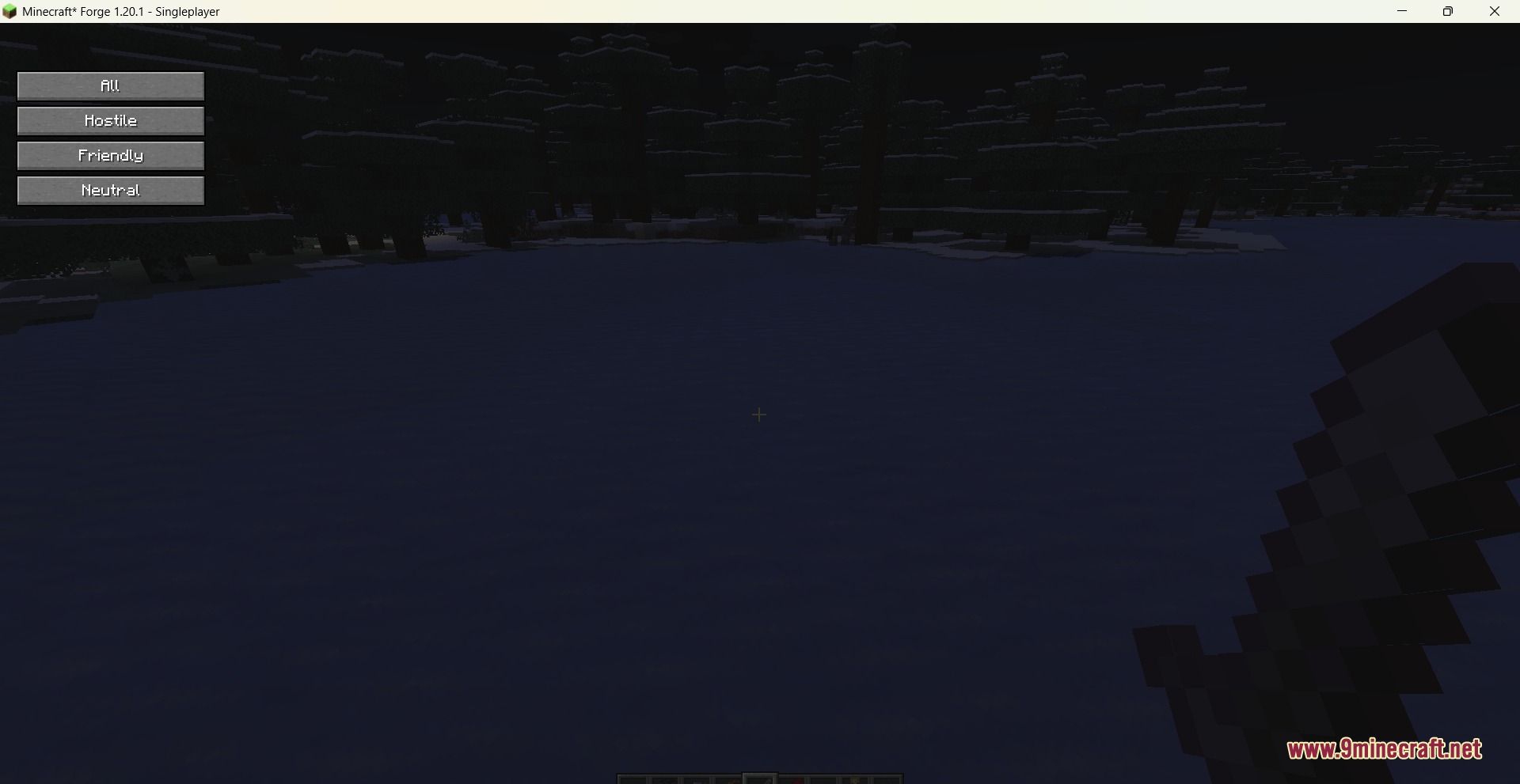 Menu screen with buttons to filter mobs by their hostility level