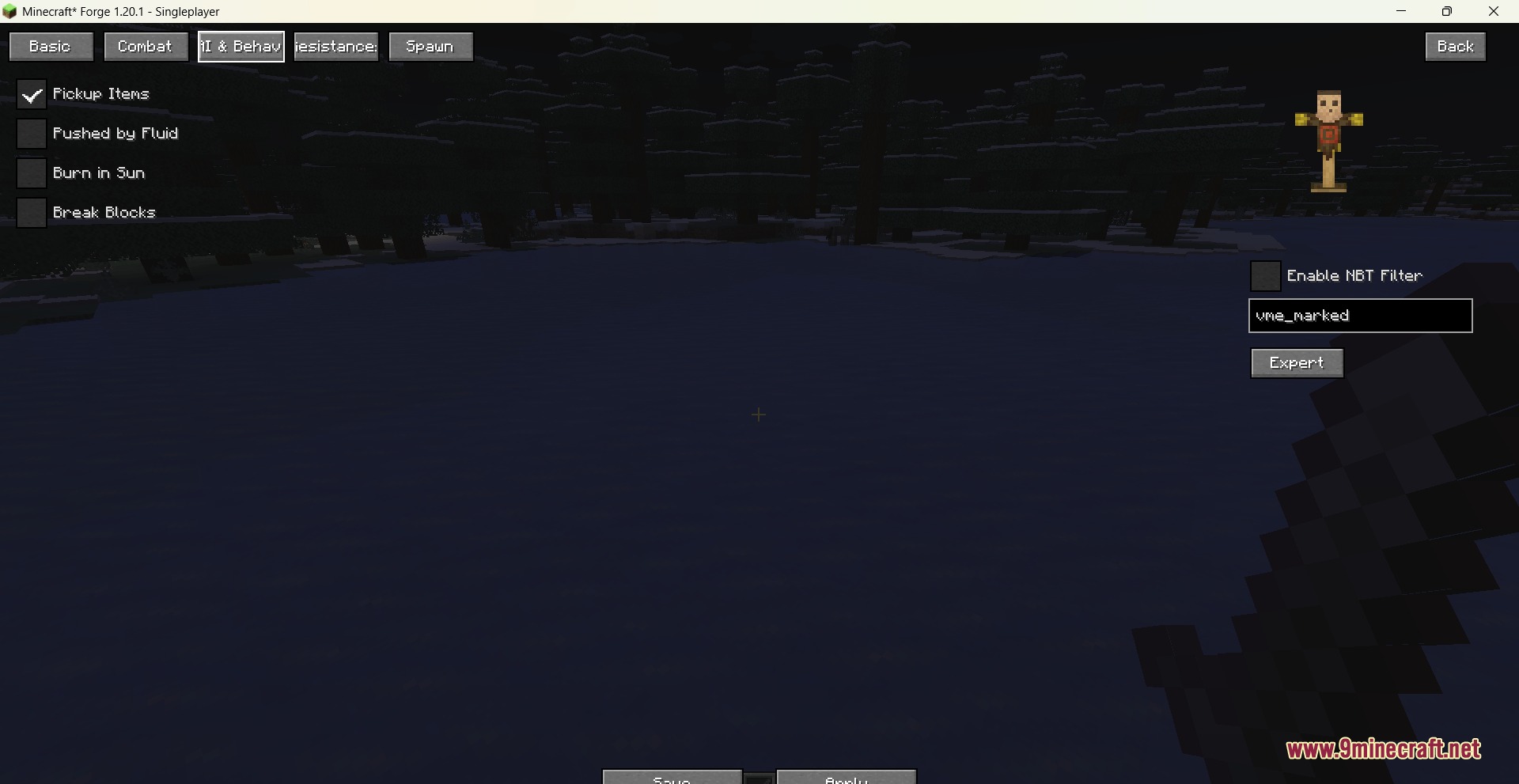 Visual menu for editing mob behavior and item pickup settings in Minecraft
