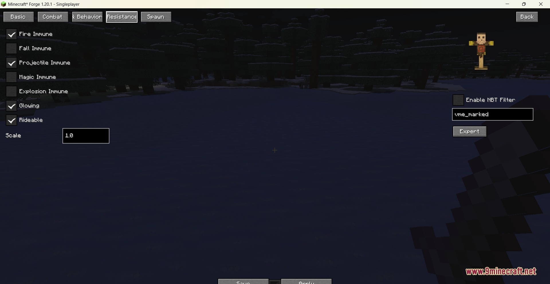 Interface for adjusting entity resistance and scale with a mob preview panel