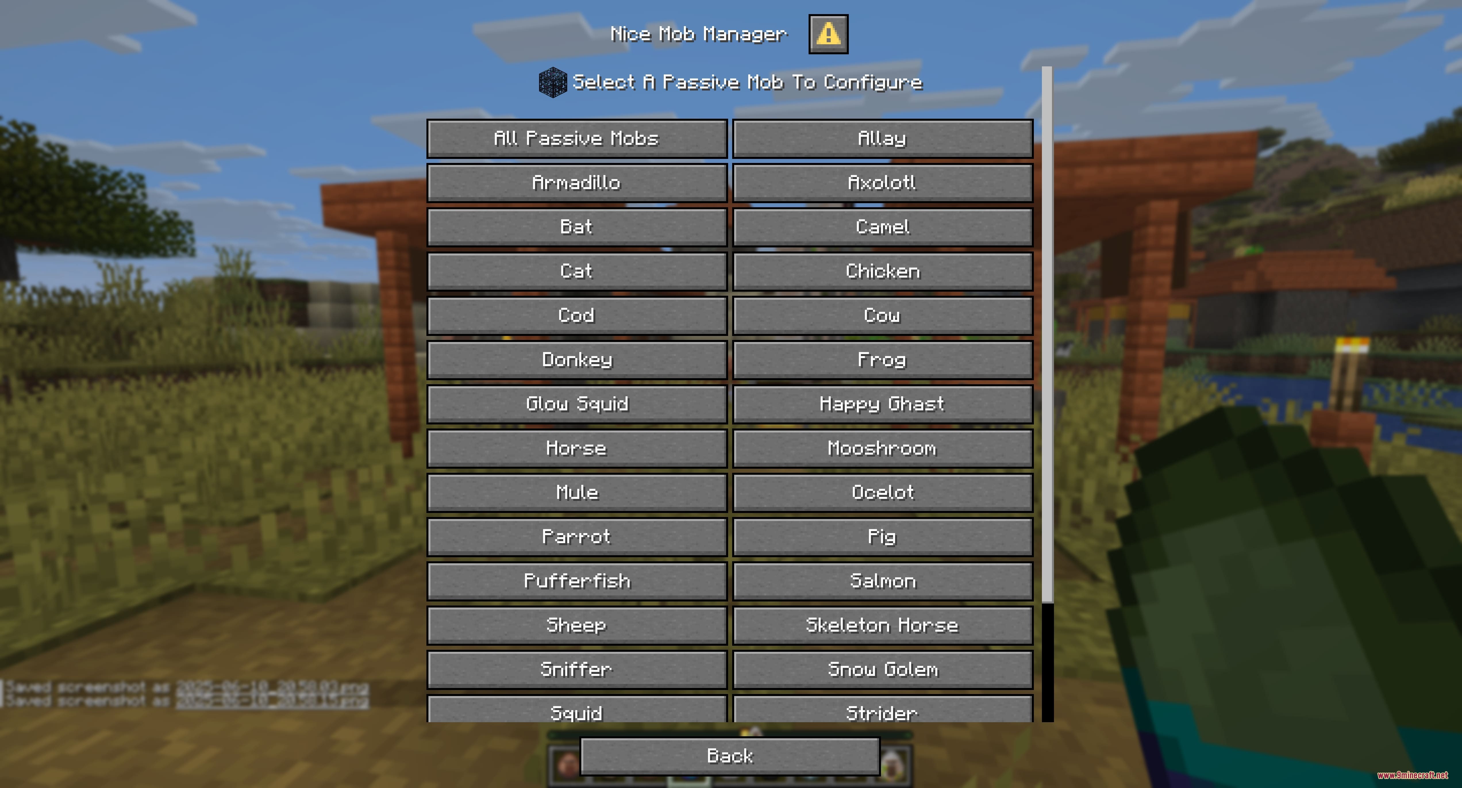 Entity Matrix Architect Mod Screenshot 5 A Minecraft user interface showing a list of passive mobs to configure