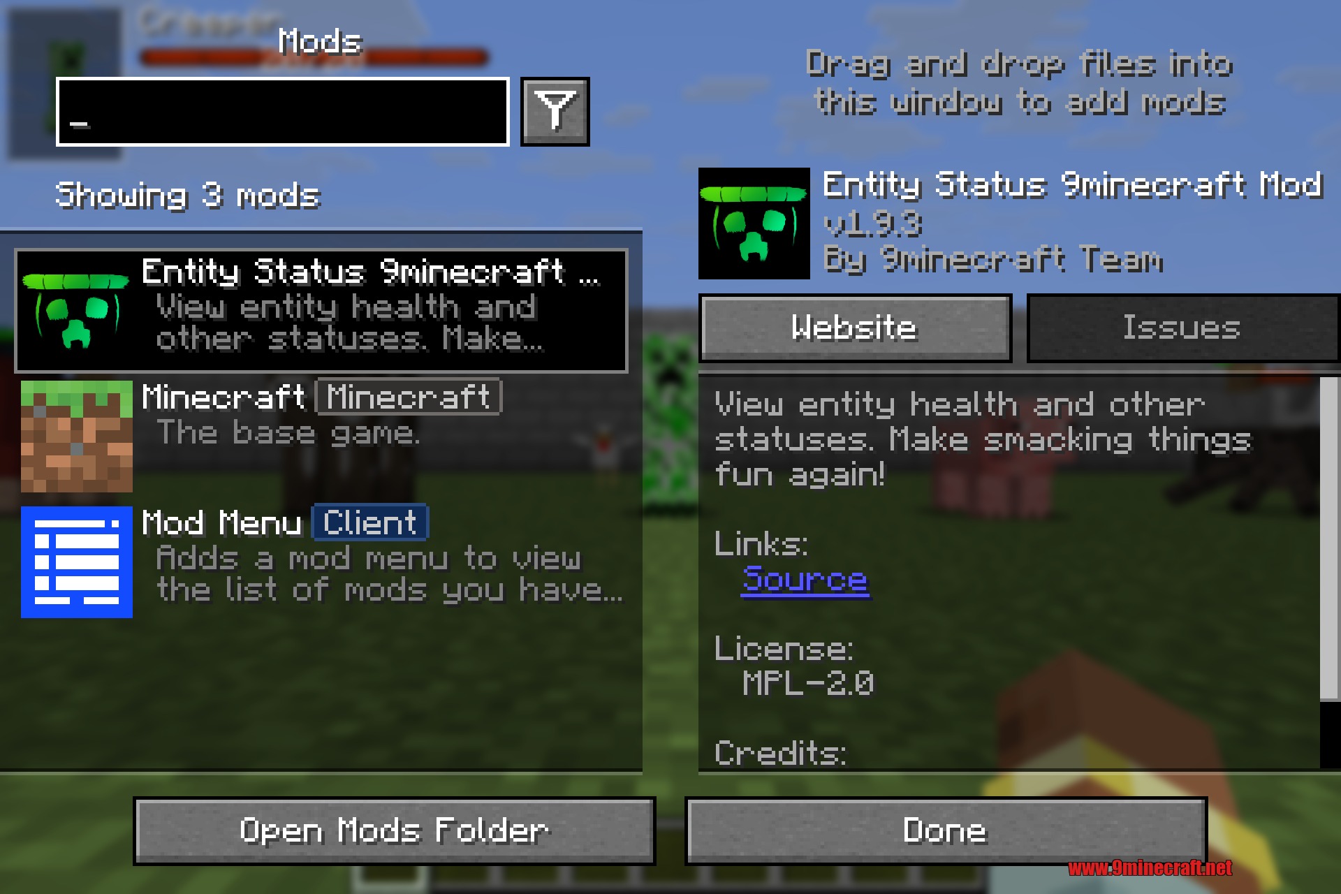 Entity Status 9minecraft Mod Screenshot 1 The mod menu interface displays information about the Entity Status mod