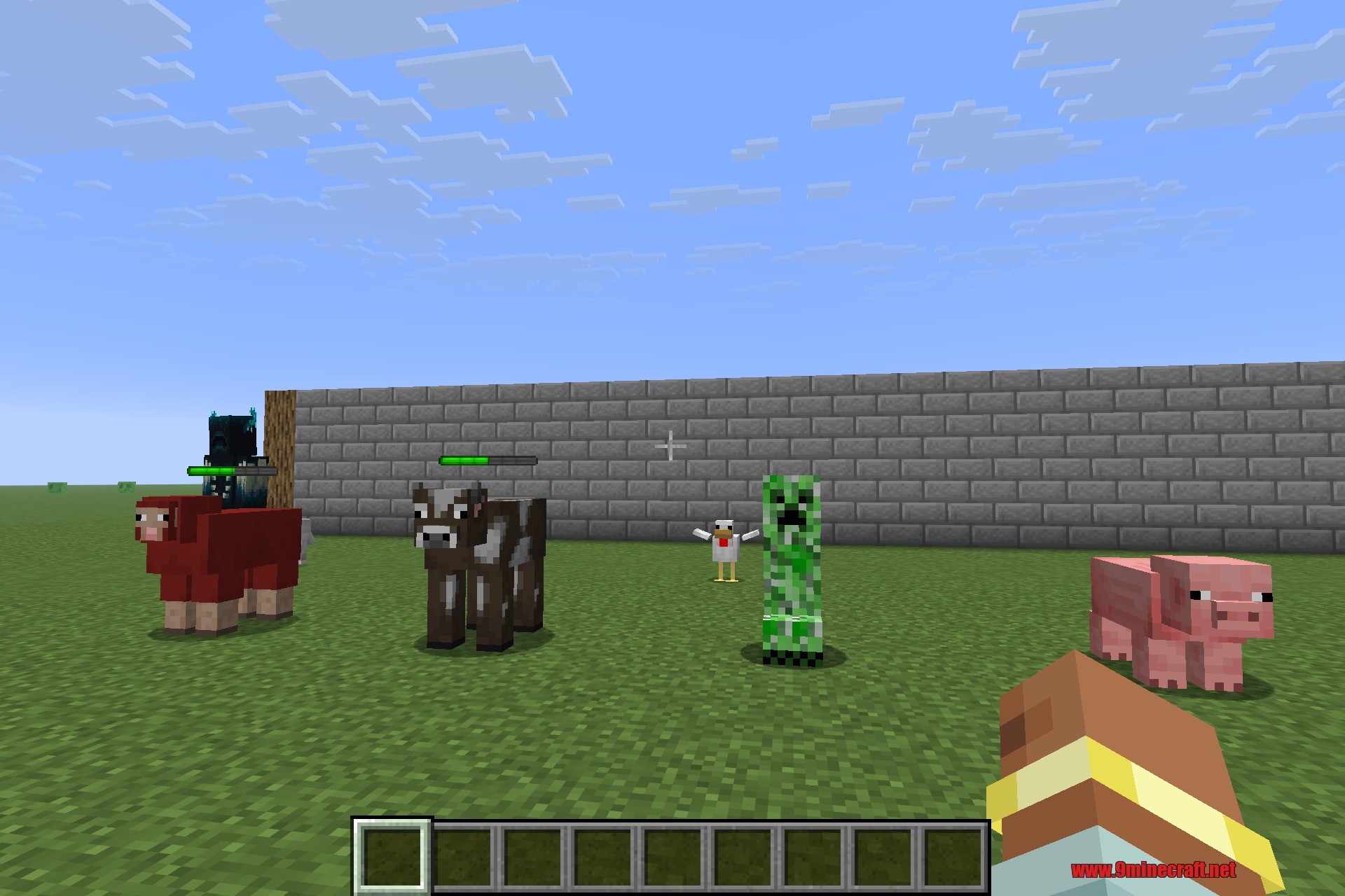 Entity Status 9minecraft Mod Screenshot 3 Minecraft player looking at various mobs with floating health bars above them