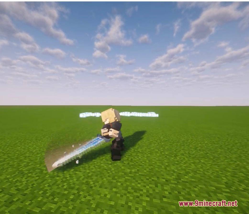 A Minecraft character performs a heavy swing with a glowing blue sword