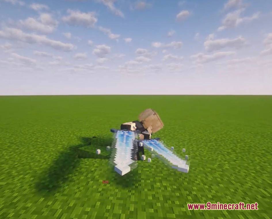 A Minecraft character dual wielding glowing blue swords in a low combat stance