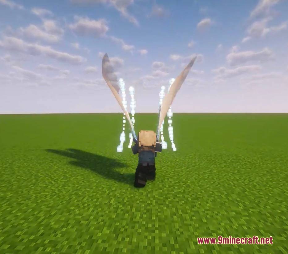A Minecraft player character stands on grass with large glowing energy wings behind them