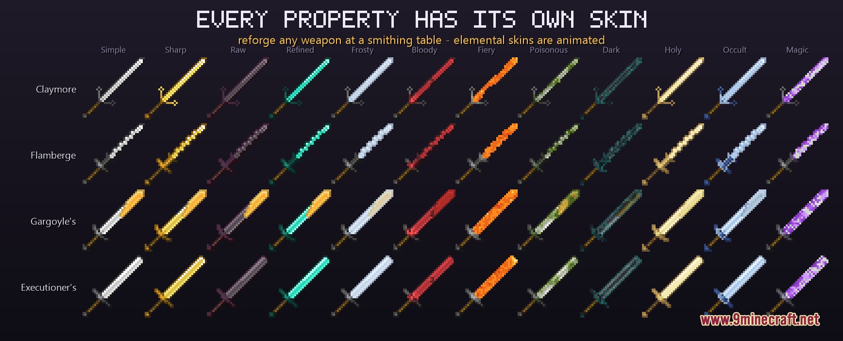 A grid displaying various sword models with different elemental and magical property skins