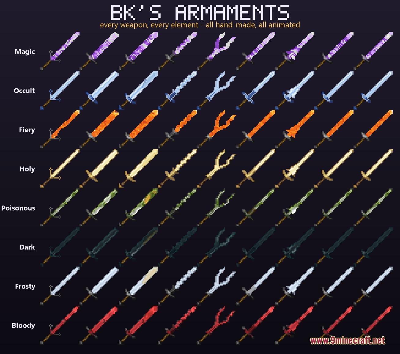 Grid displaying various weapon models with different elemental properties and animated textures