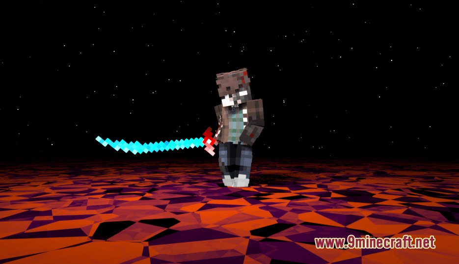 Minecraft character wielding a glowing blue katana under a starry night sky