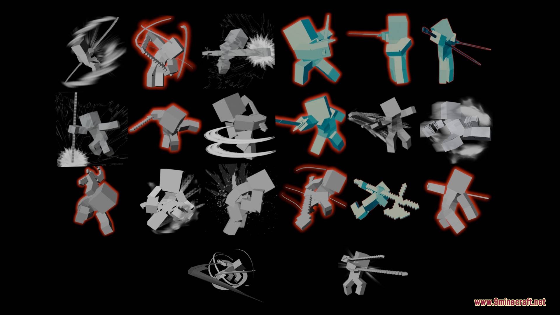 A grid showing various custom combat animations and fighting moves for Minecraft characters