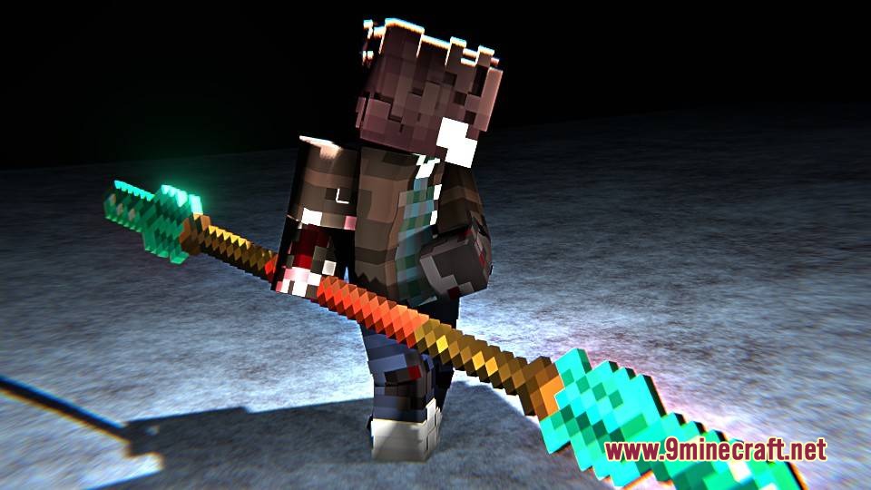 A player character holding a double ended spear with glowing cyan diamond blades