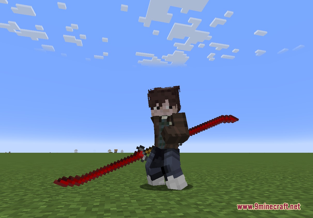 A Minecraft character in a combat stance holding a long red katana