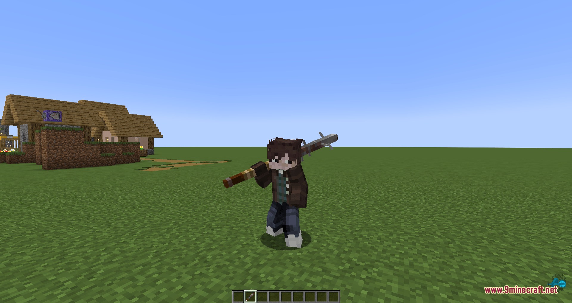 A Minecraft player character posing with a large spiked club weapon