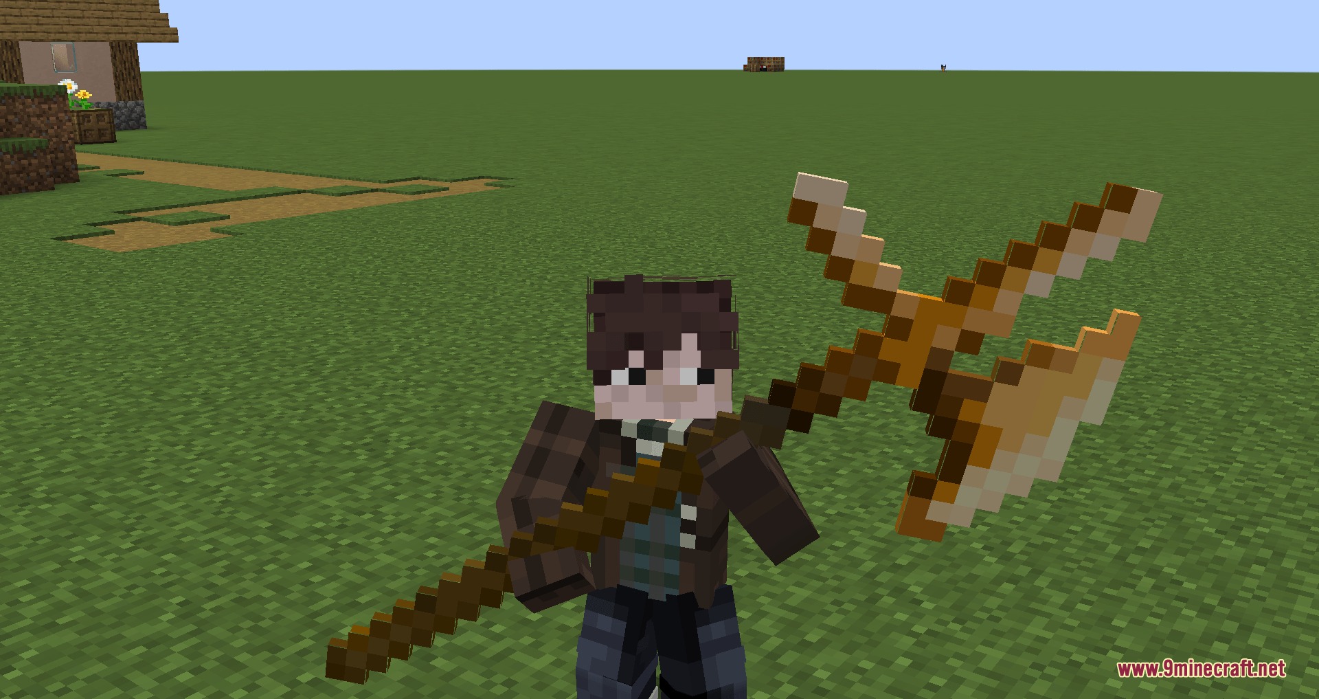 A player character wielding a massive golden polearm with a custom model