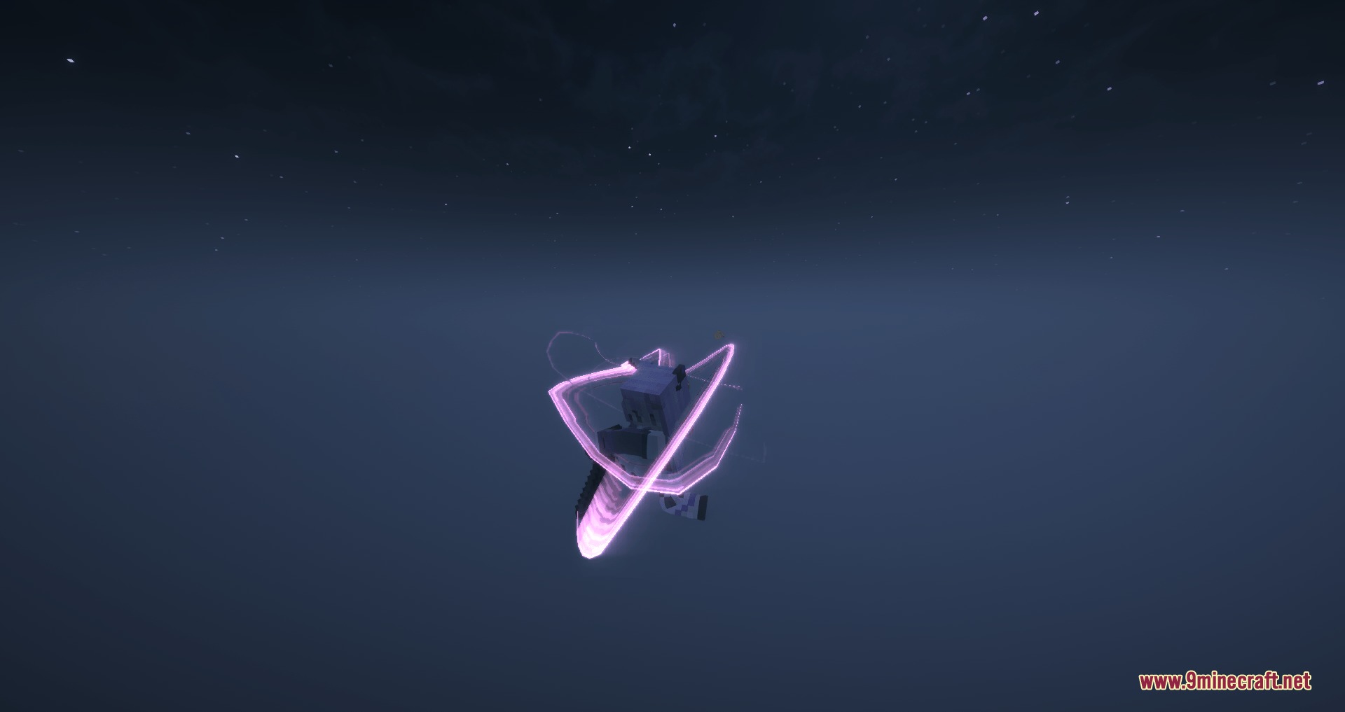 Minecraft character performing a sword attack with a bright pink energy trail