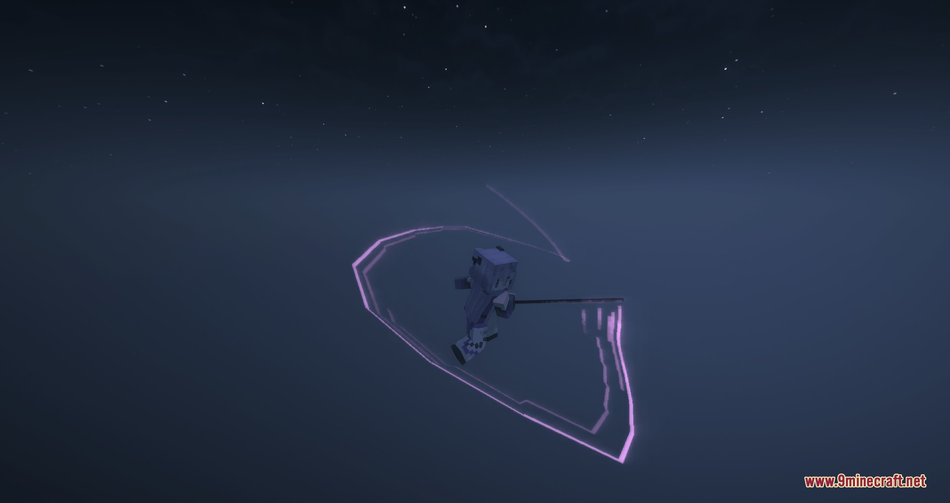 A player wielding a sword with a circular purple glowing trail effect