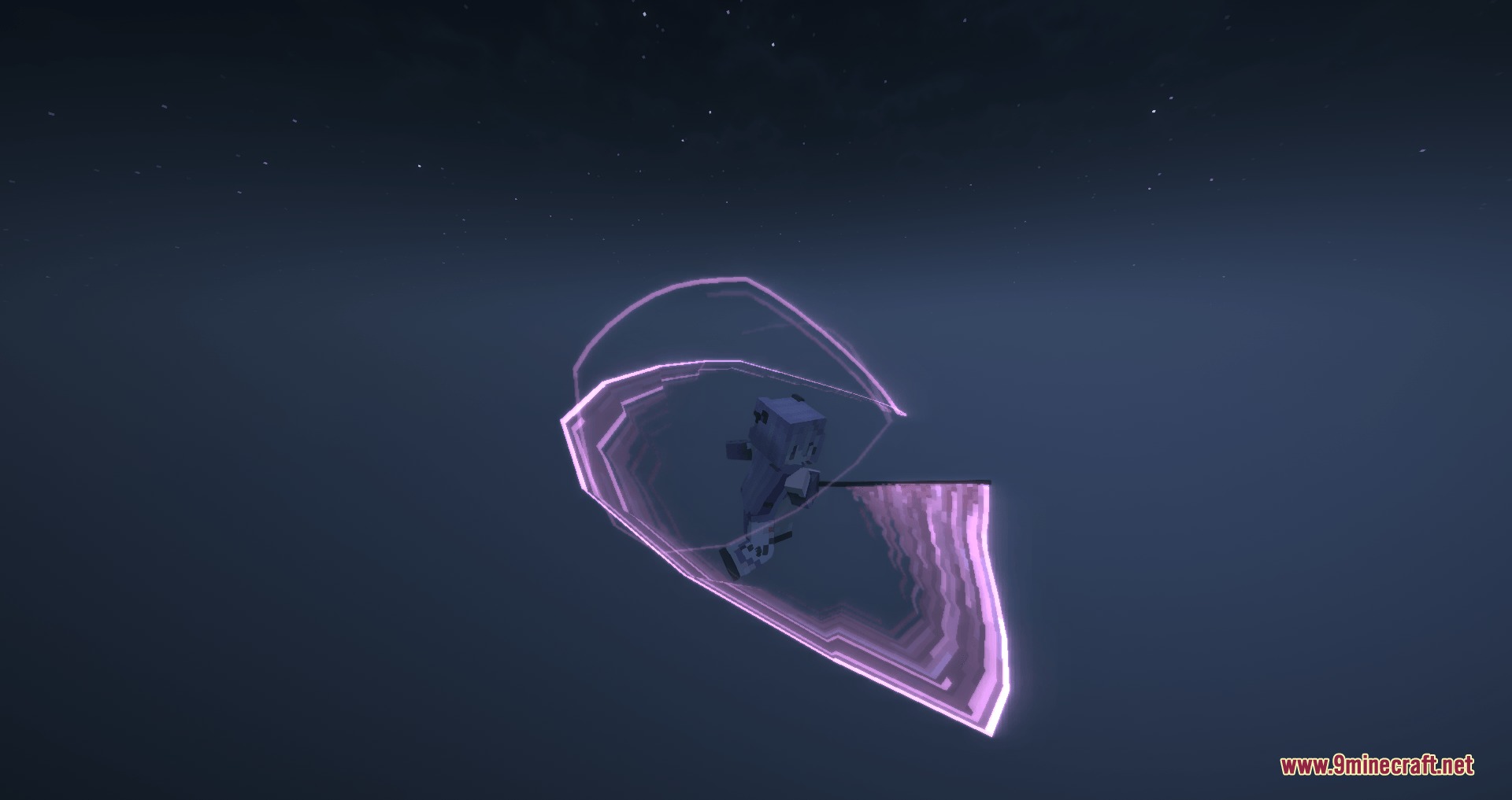 Minecraft character executing a sword swing with a large glowing purple trail