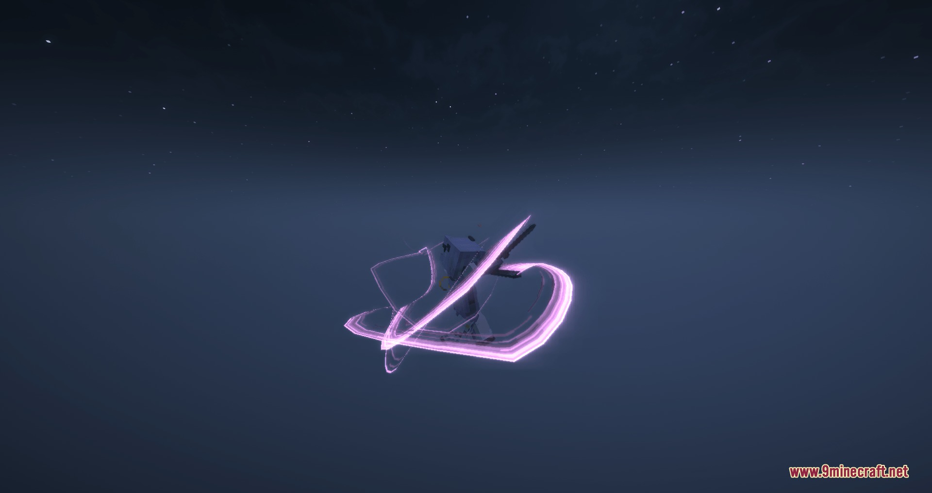 A Minecraft character performs a sword swing with glowing purple light trails
