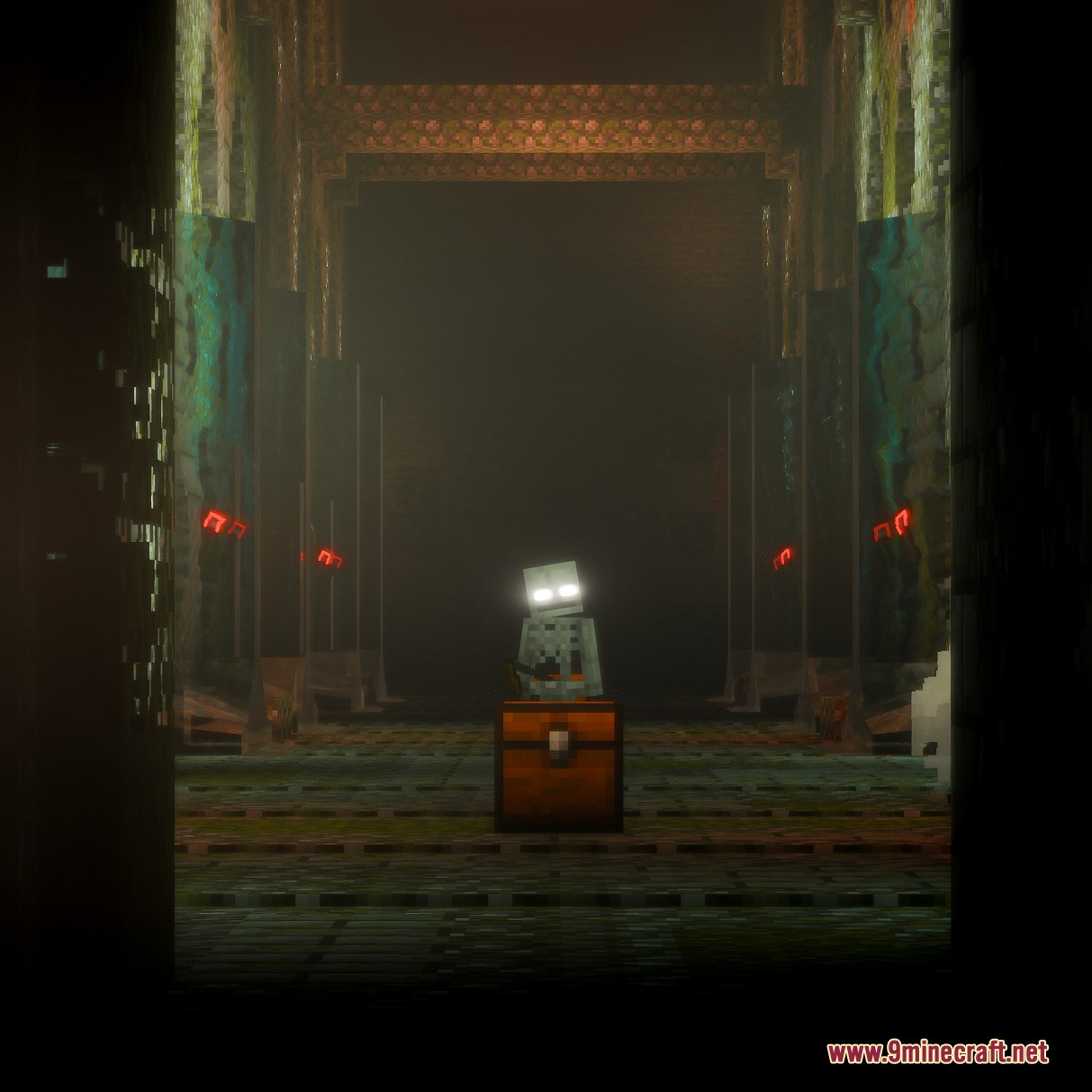 Epic Structures Dungeons Mod Screenshot 1 A skeleton with glowing eyes guards a chest in a dark hallway with symbols