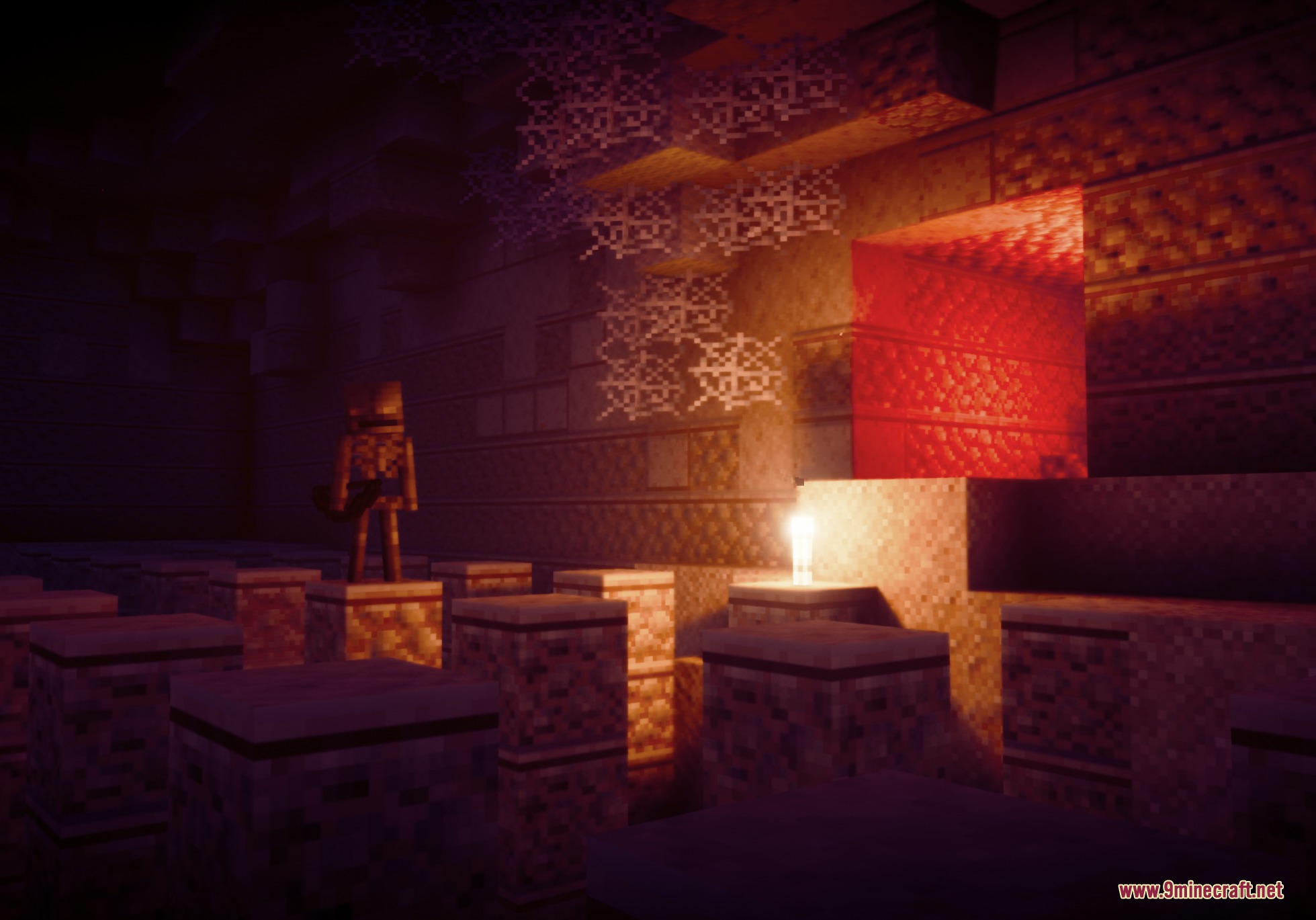 Epic Structures Dungeons Mod Screenshot 2 A skeleton stands on a stone pillar in a dark dungeon with red light