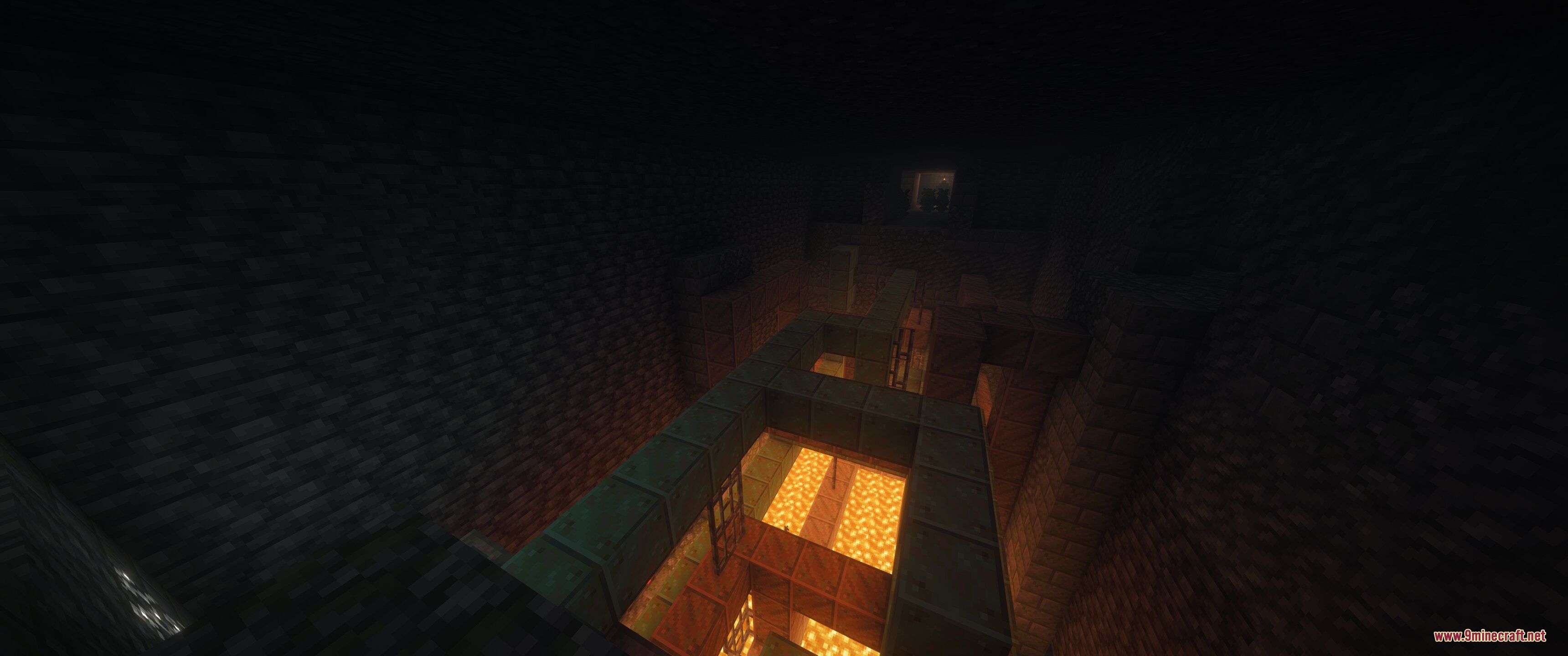 Epic Structures Dungeons Mod Screenshot 3 Large underground dungeon structure featuring copper walkways and pools of glowing lava
