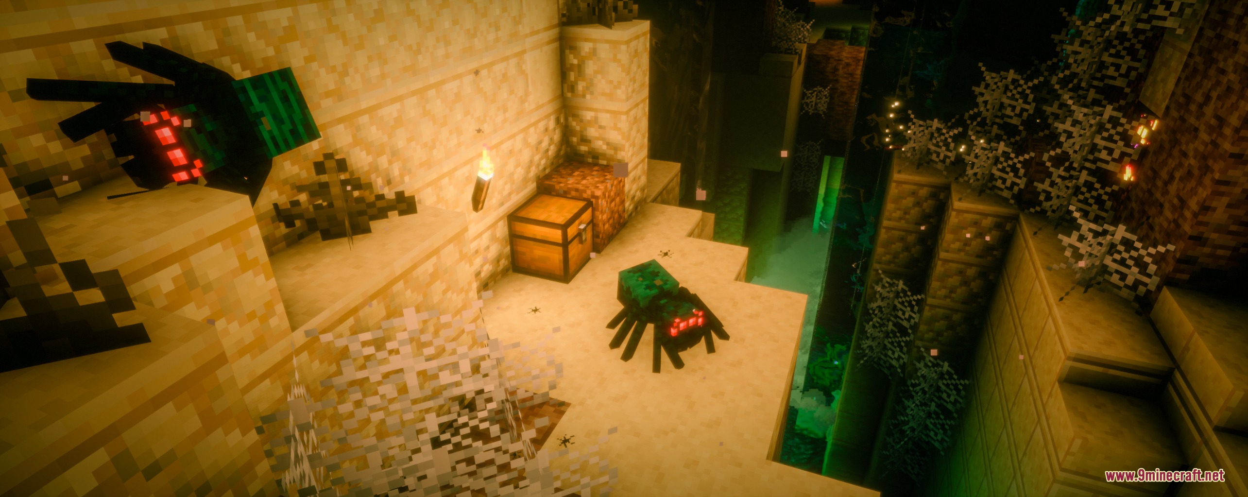 Epic Structures Dungeons Mod Screenshot 5 Spiders lurking around a treasure chest inside a desert dungeon structure