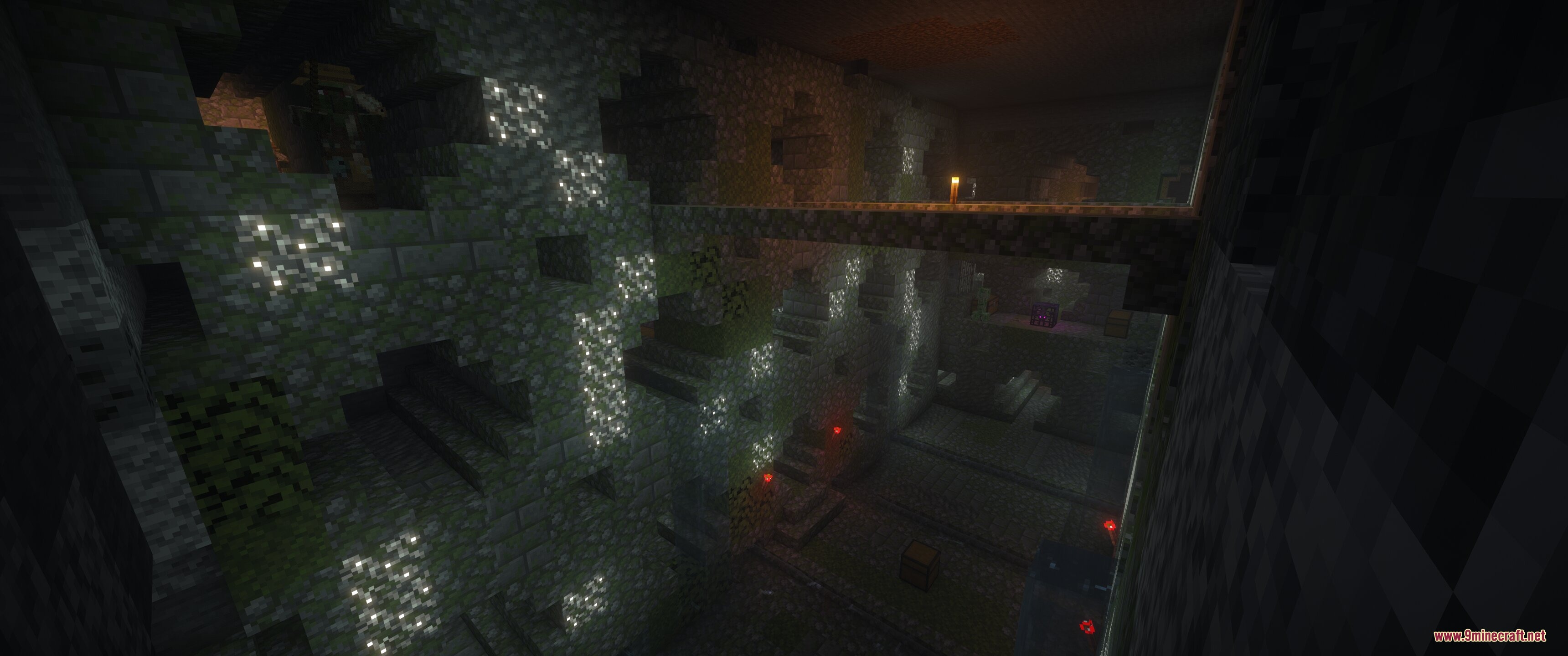 Epic Structures Dungeons Mod Screenshot 7 A massive underground dungeon room with stone brick walls and glowing ores