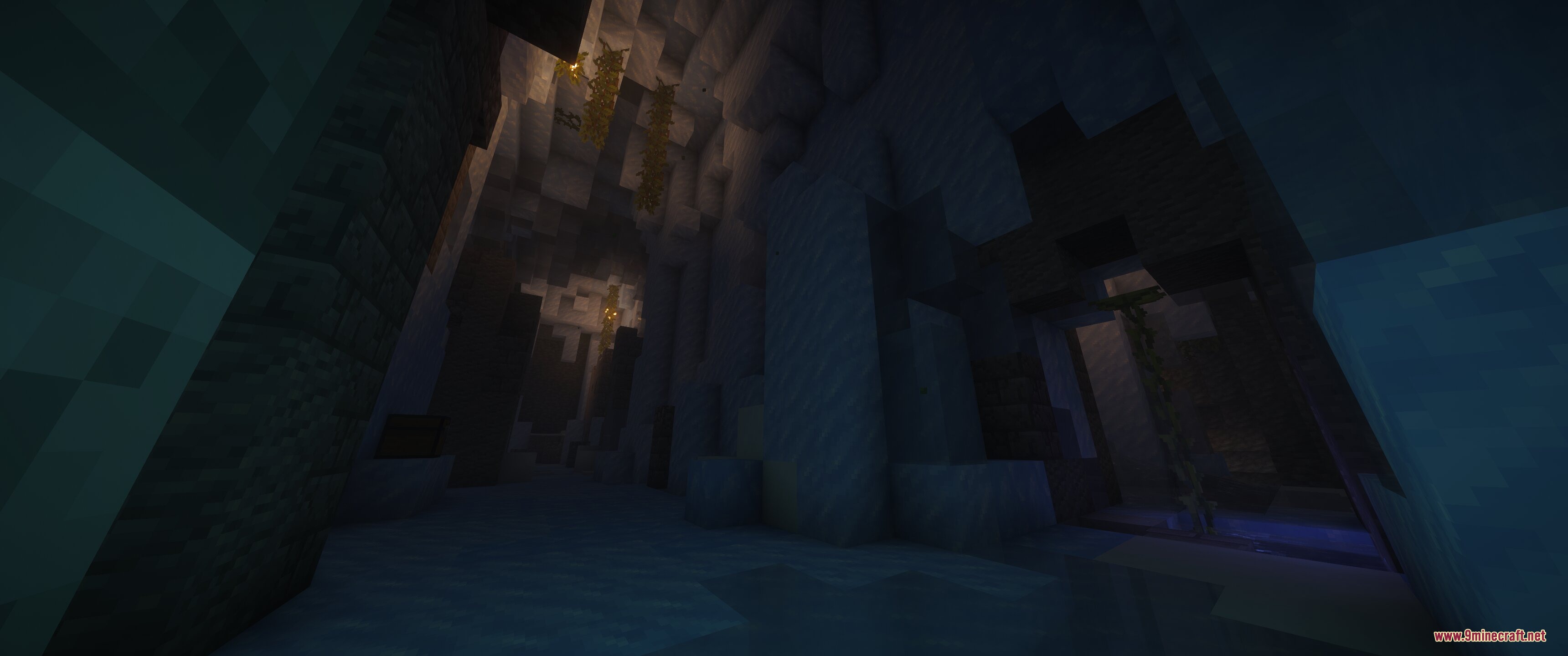 Epic Structures Dungeons Mod Screenshot 8 A dark icy cave dungeon with hanging vines and dim lanterns