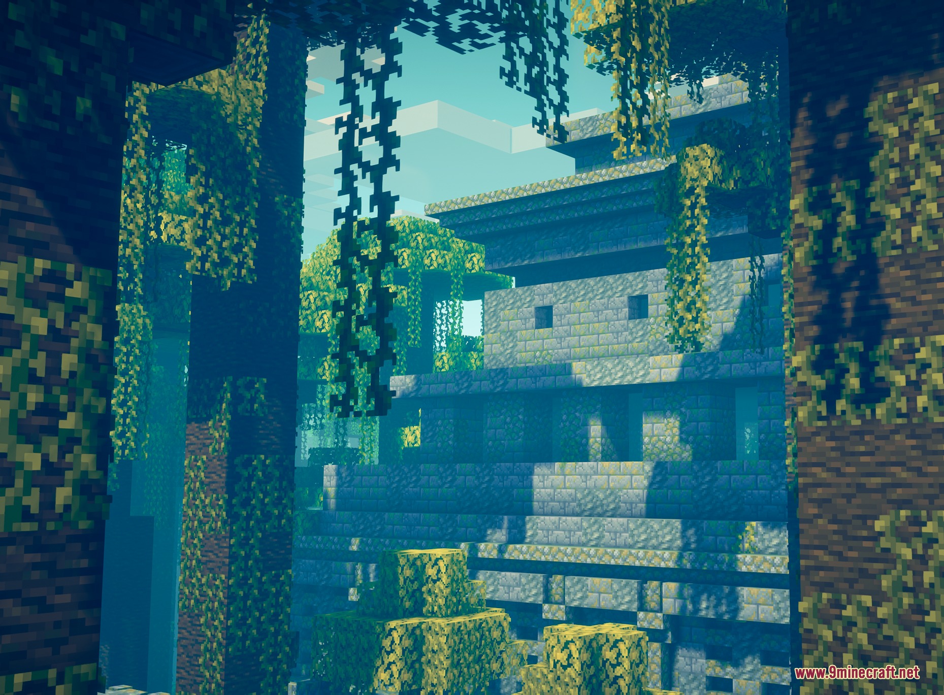 Epic Structures Jungle Temples Mod Screenshot 1 A massive ancient stone temple hidden behind thick jungle vines and trees