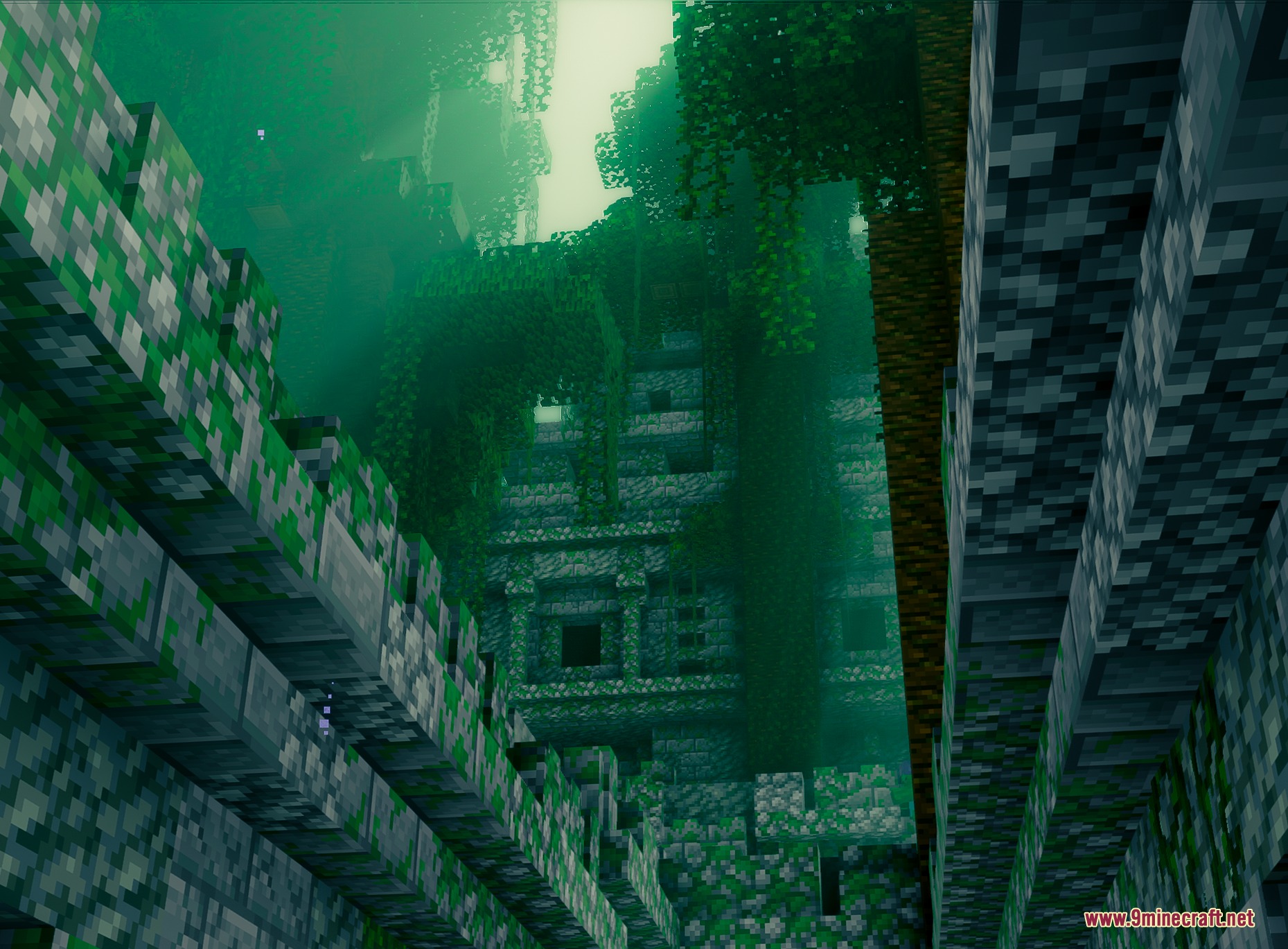 Epic Structures Jungle Temples Mod Screenshot 2 Looking up at a towering mossy stone structure in a foggy jungle