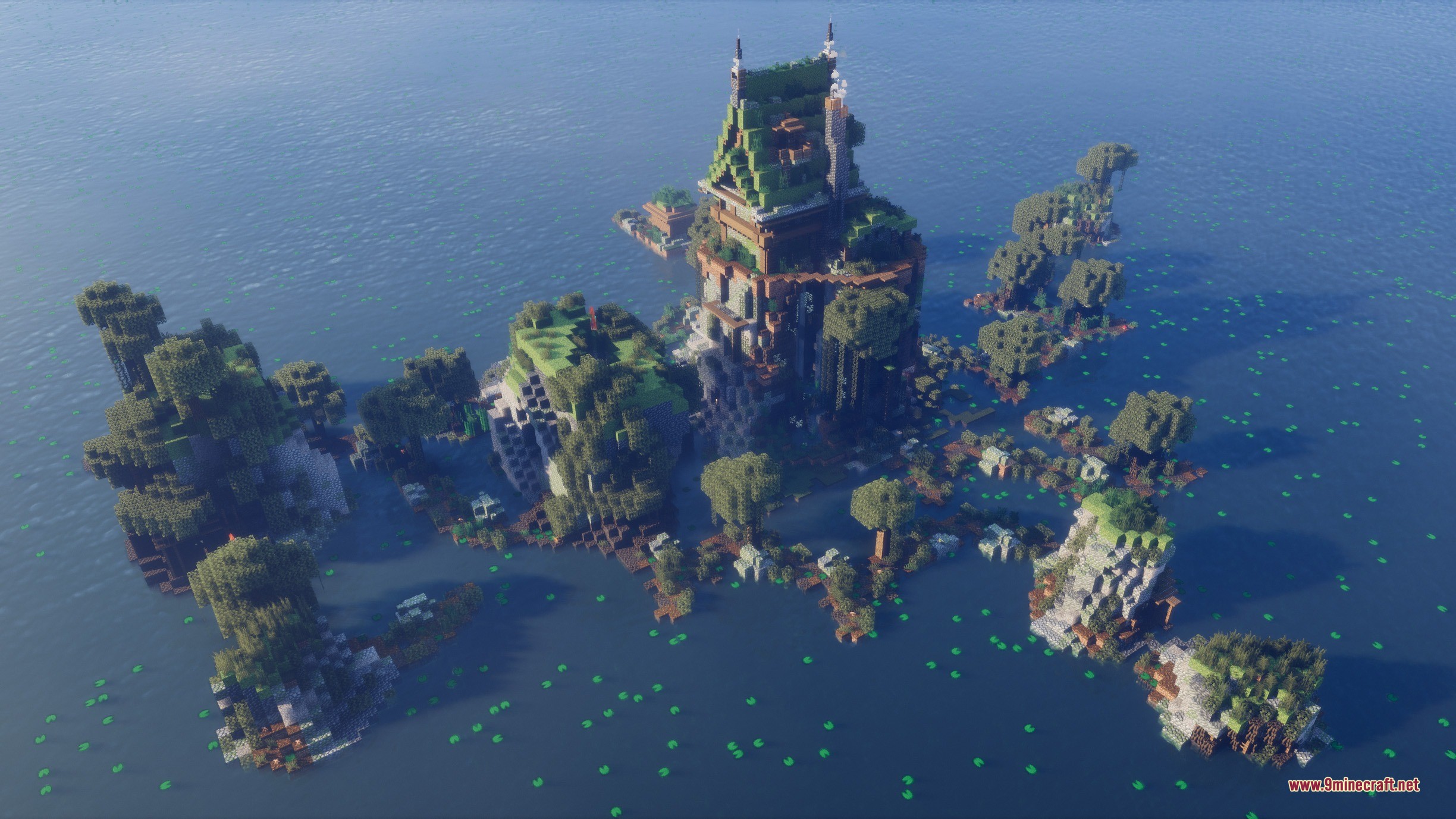 Aerial view of a grand medieval castle built on a swampy island