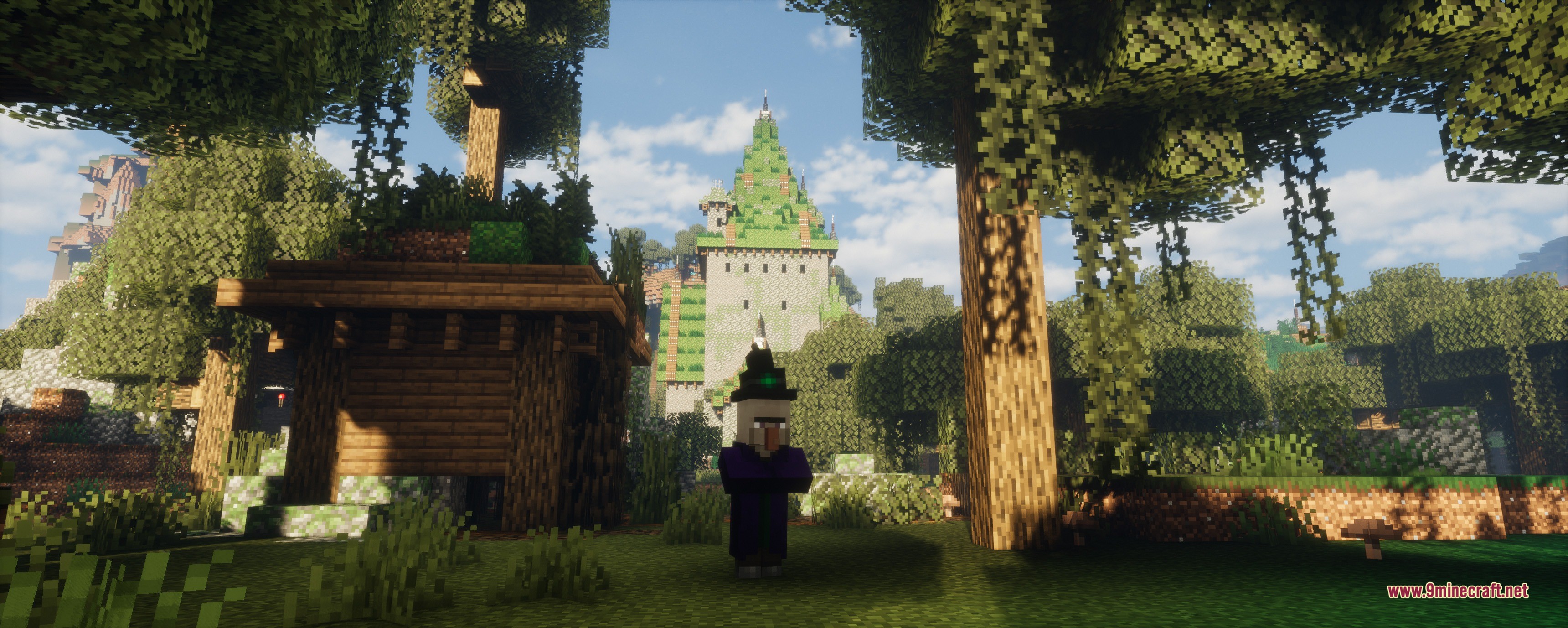 A Minecraft witch stands before a massive stone castle in a swamp