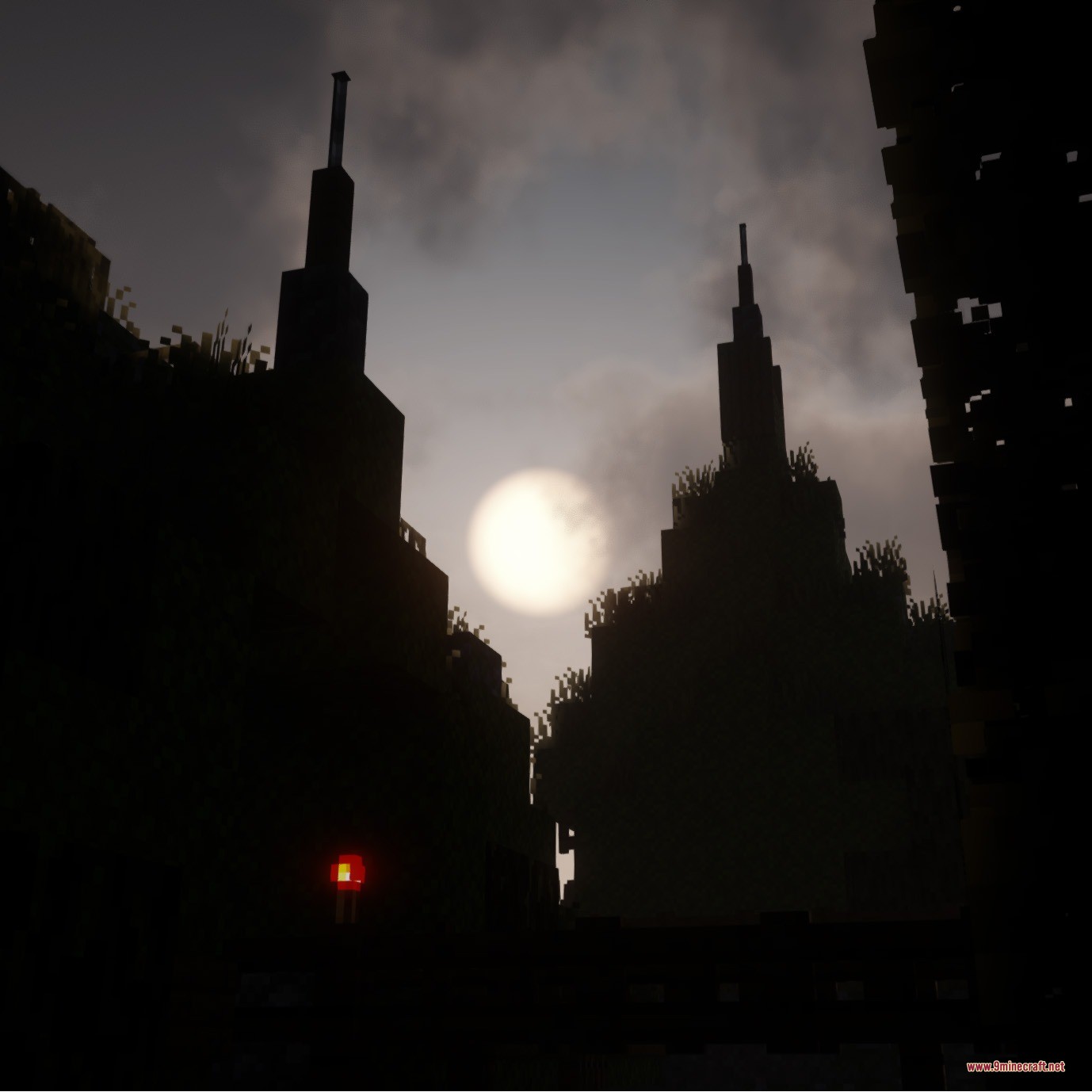 Tall silhouetted medieval towers in a dark swamp under a bright moon