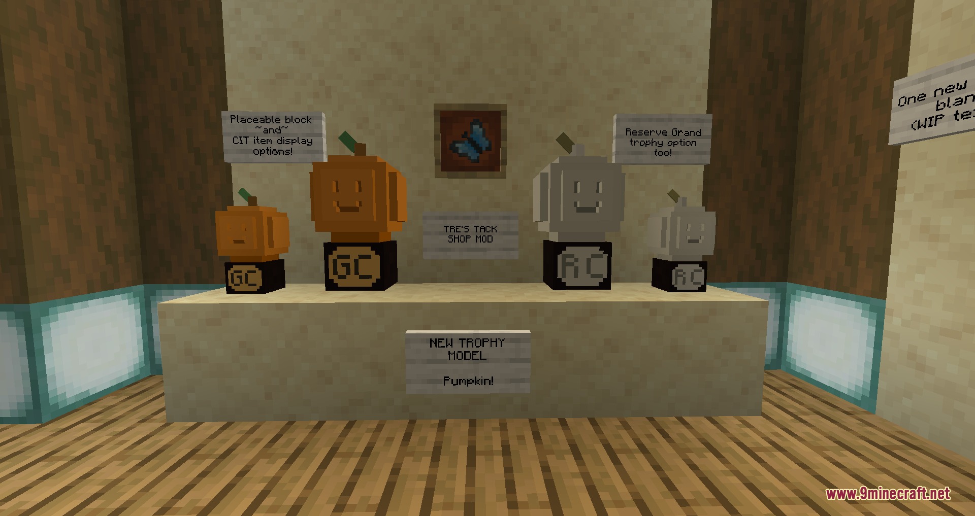 Equestrian Canvas Expanded Mod Screenshot 2 Different colored pumpkin shaped trophies displayed on a pedestal in Minecraft