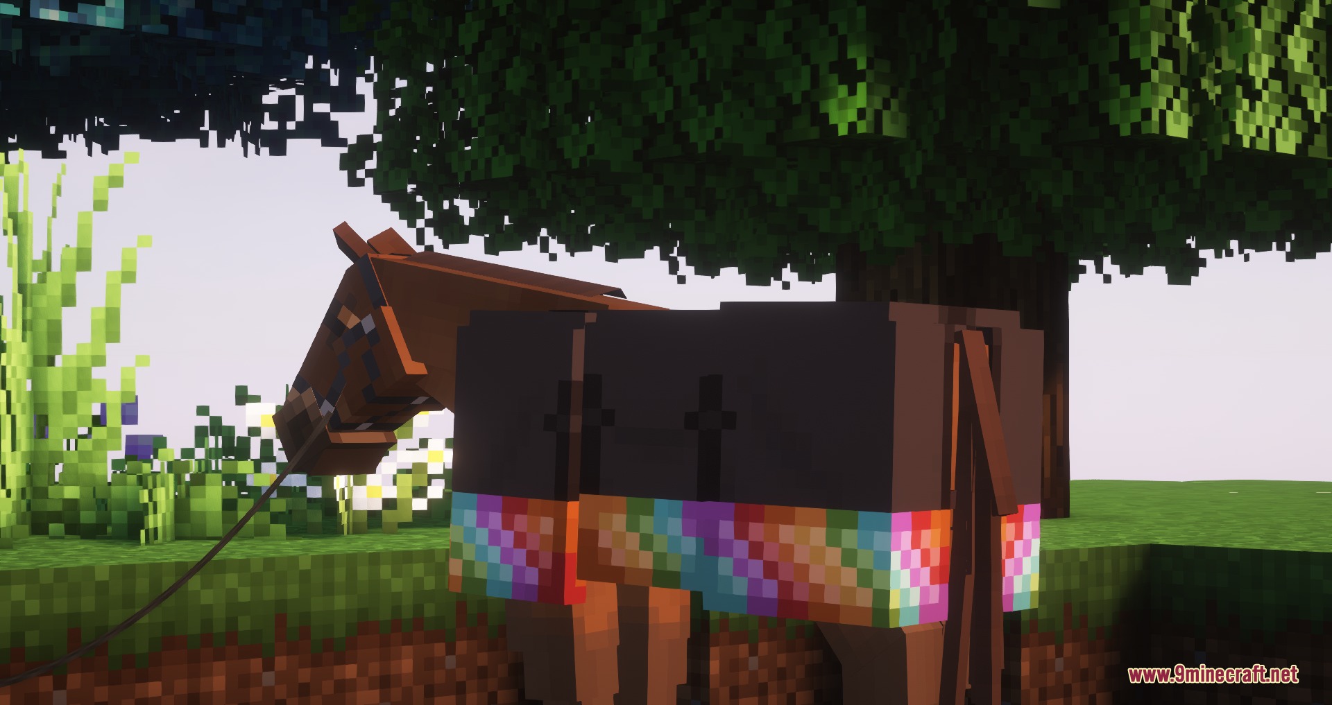 Equestrian Canvas Expanded Mod Screenshot 3 A Minecraft horse wearing a rainbow patterned blanket under a tree