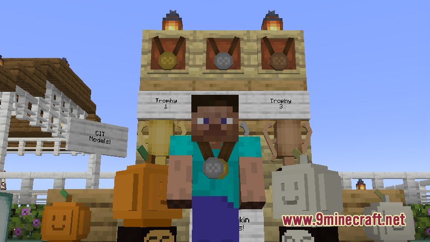 Equestrian Canvas Expanded Mod Screenshot 7 A Minecraft player wearing a medal stands before a display of trophies