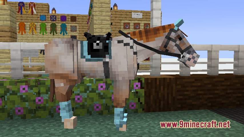 Equestrian Canvas Expanded Mod Screenshot 8 A horse equipped with custom tack and leg wraps in a stable