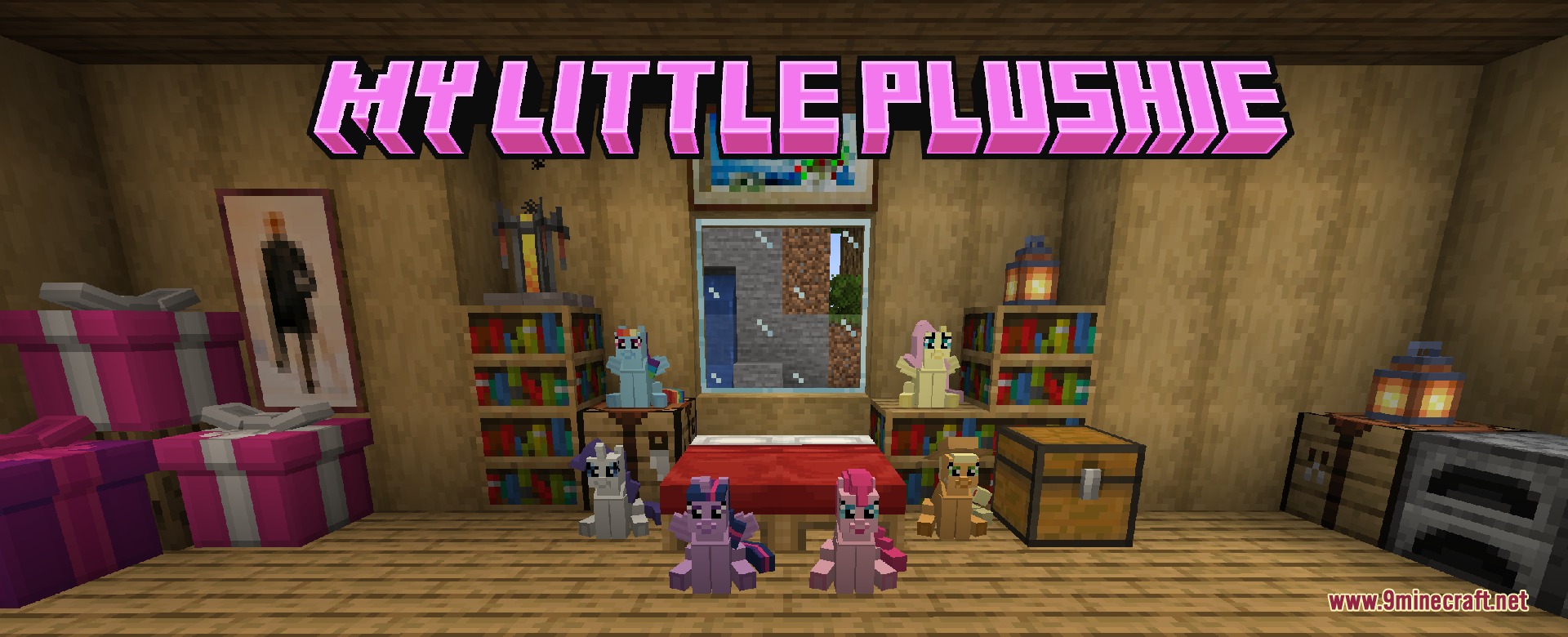Equestrian Cuddle Crafts Mod Screenshot 1 Various colorful pony plushies placed as decorations inside a cozy wooden bedroom