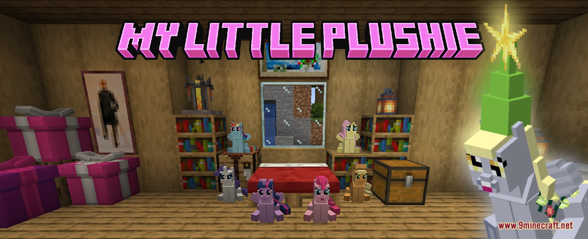 Equestrian Cuddle Crafts Mod Screenshot 2 A large grey pony plushie wearing a festive green tree hat in Minecraft