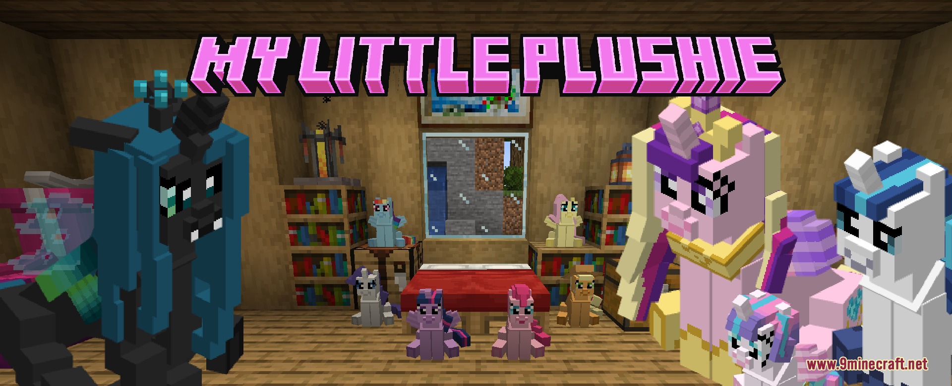 Equestrian Cuddle Crafts Mod Screenshot 3 Various colorful pony plushies are displayed inside a cozy wooden Minecraft bedroom