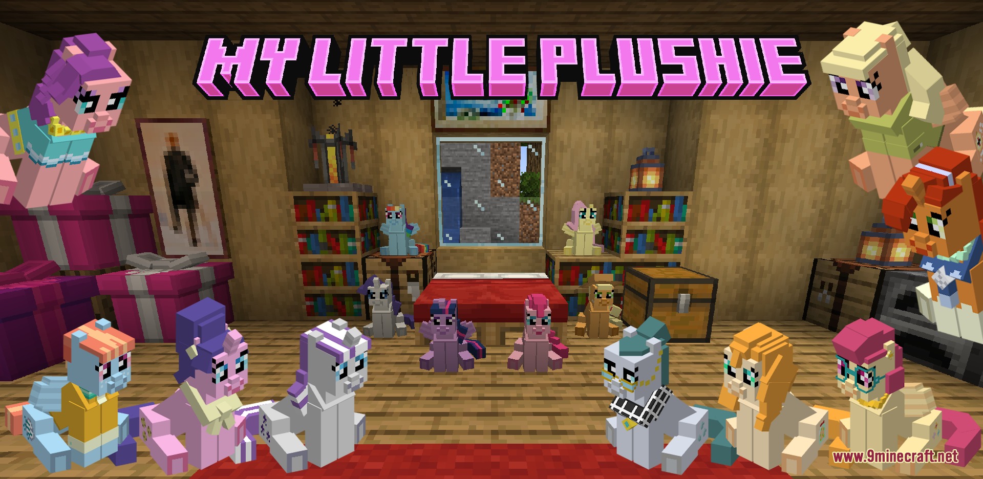 Equestrian Cuddle Crafts Mod Screenshot 4 Multiple pony plushies and purple gift boxes are arranged inside a wooden house