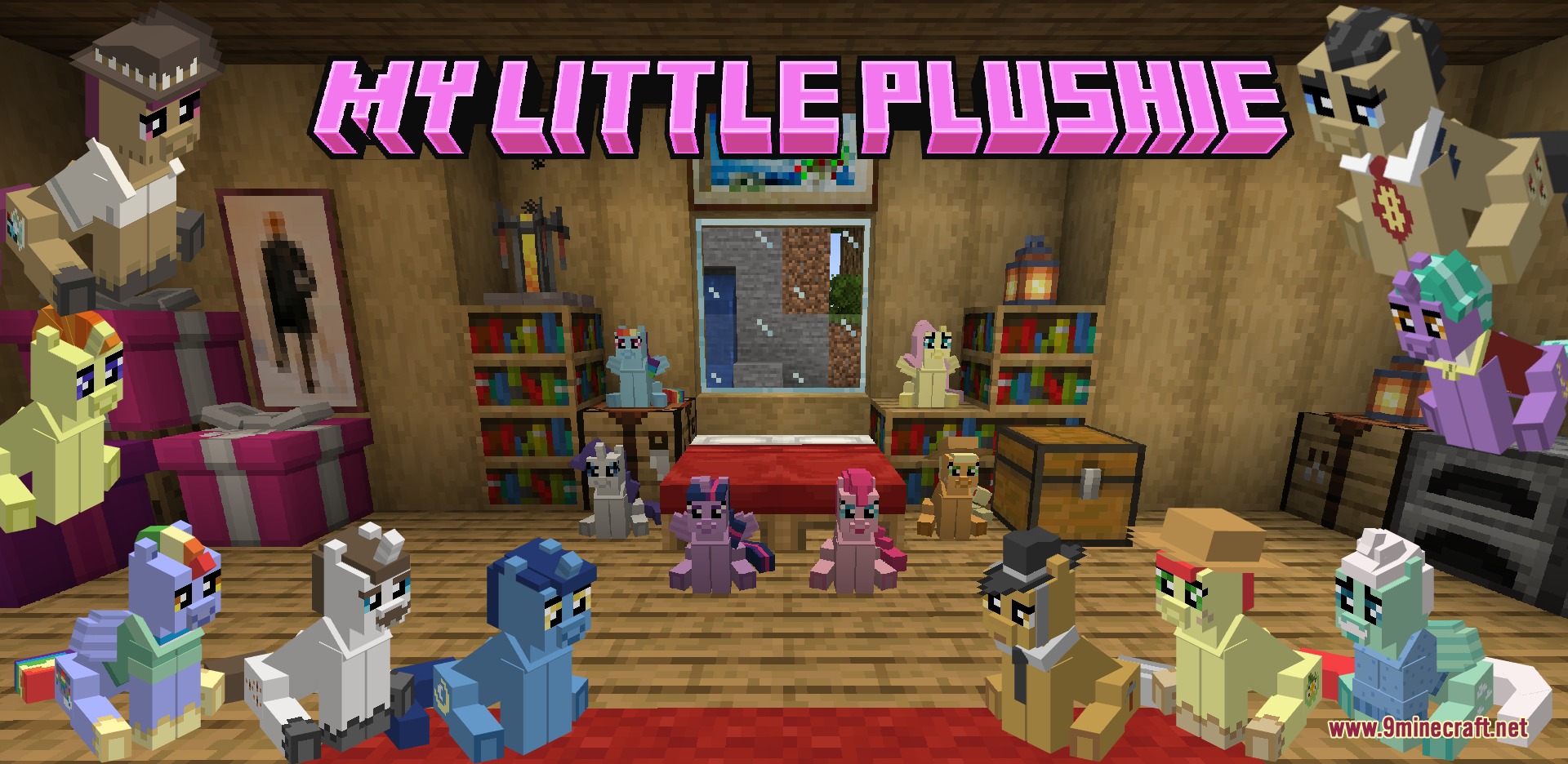 Equestrian Cuddle Crafts Mod Screenshot 5 A Minecraft bedroom decorated with various colorful Equestrian Cuddle Crafts pony plushies