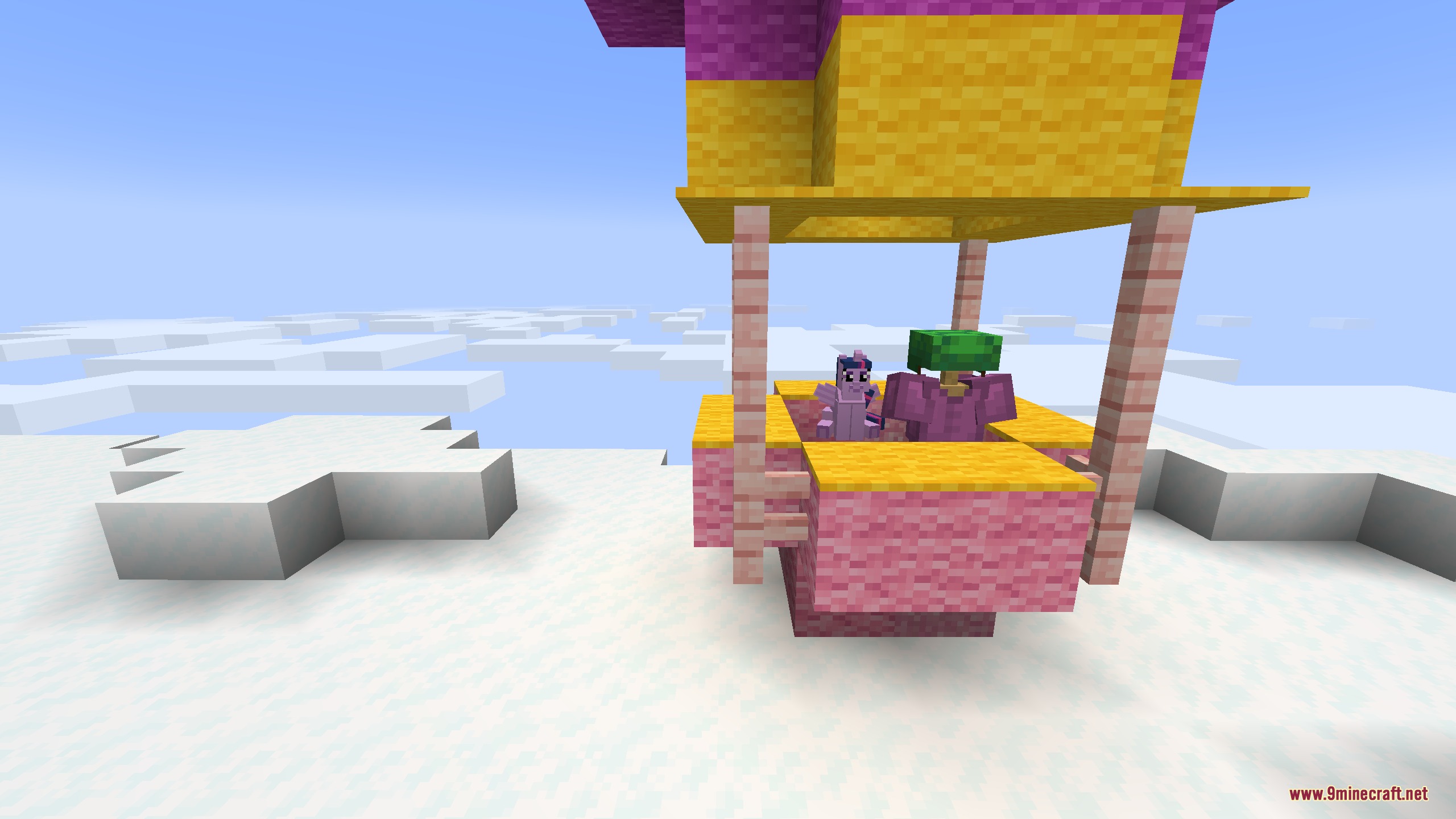 Equestrian Cuddle Crafts Mod Screenshot 8 Player character and a pony plushie inside a colorful hot air balloon basket