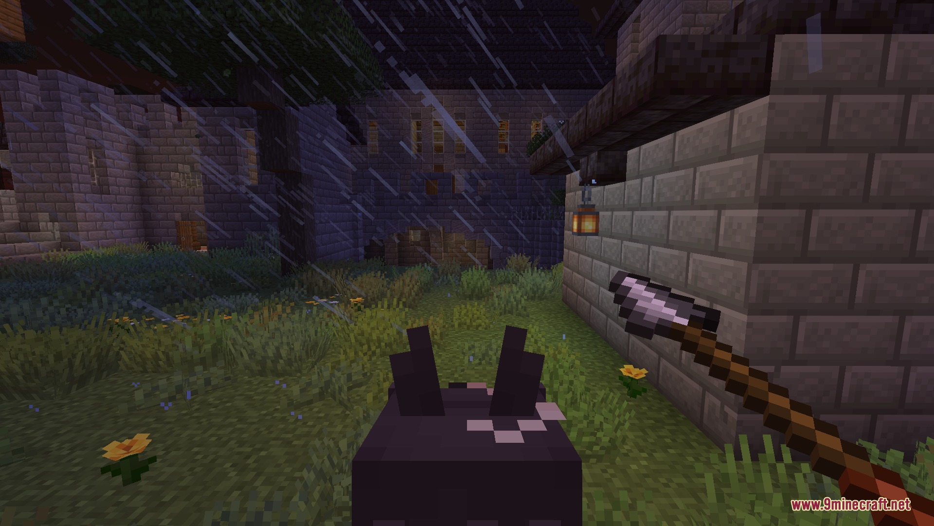Riding an anime horse girl in the rain while holding a wooden spear