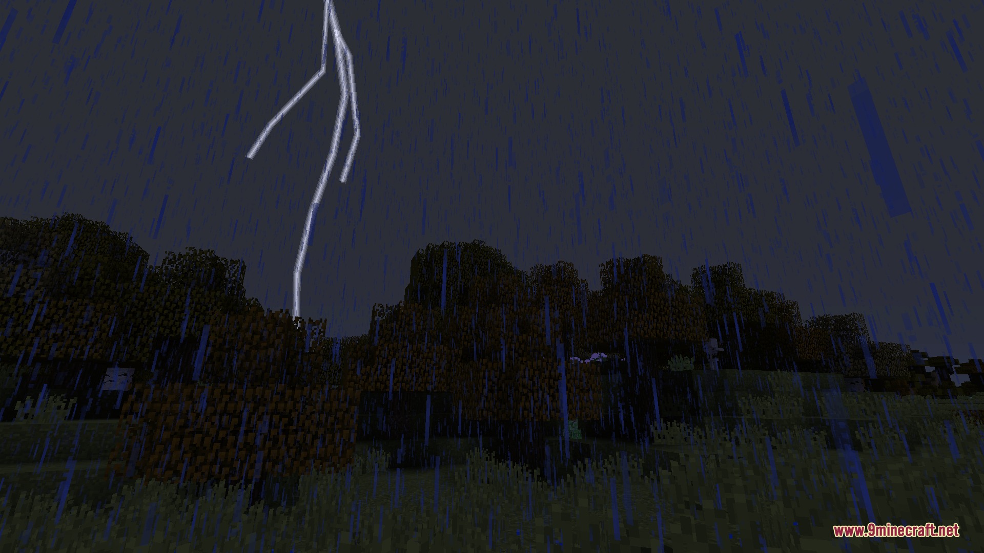 Erratic Skies Mod Screenshot 2 A bright lightning bolt strikes during a heavy rainstorm in Minecraft
