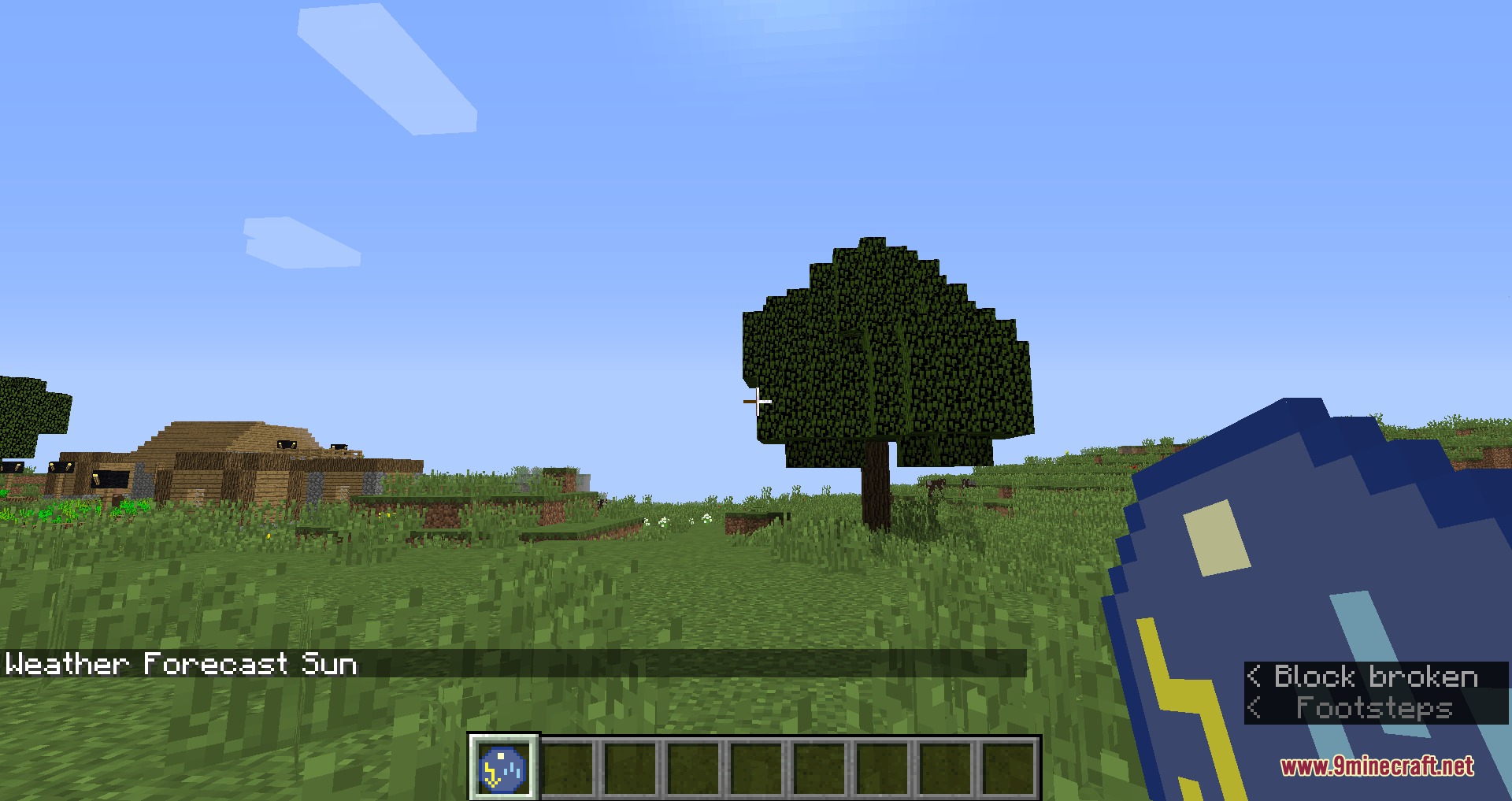 Erratic Skies Mod Screenshot 3 Player holding a barometer tool that shows a sunny weather forecast message