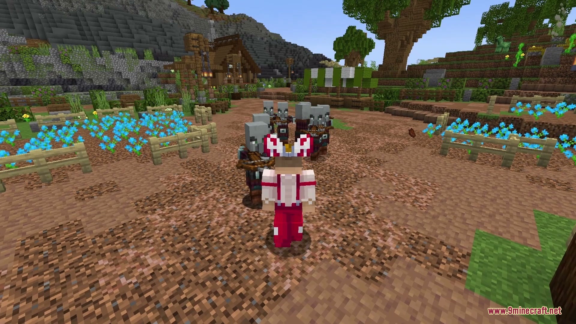 A player wearing custom red and white armor surrounded by several hostile pillagers