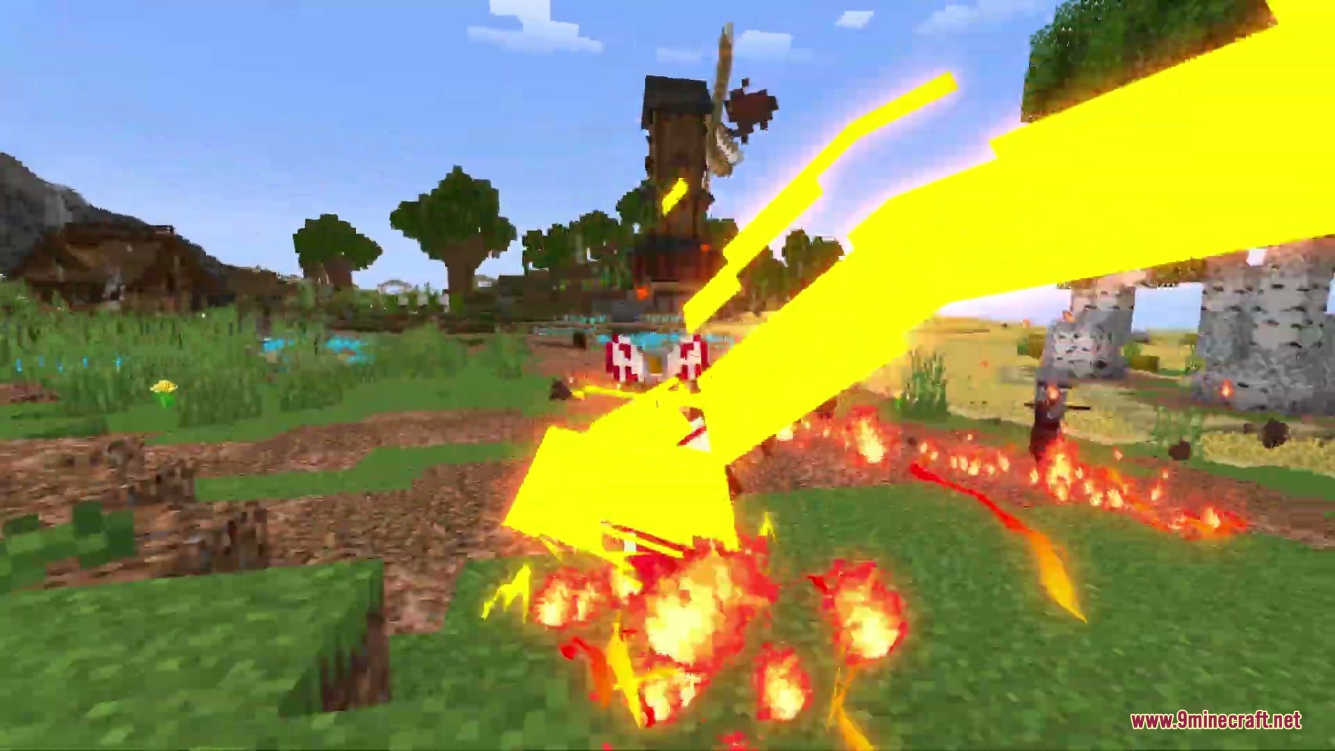A massive yellow energy beam strikes the ground during a powerful fire attack