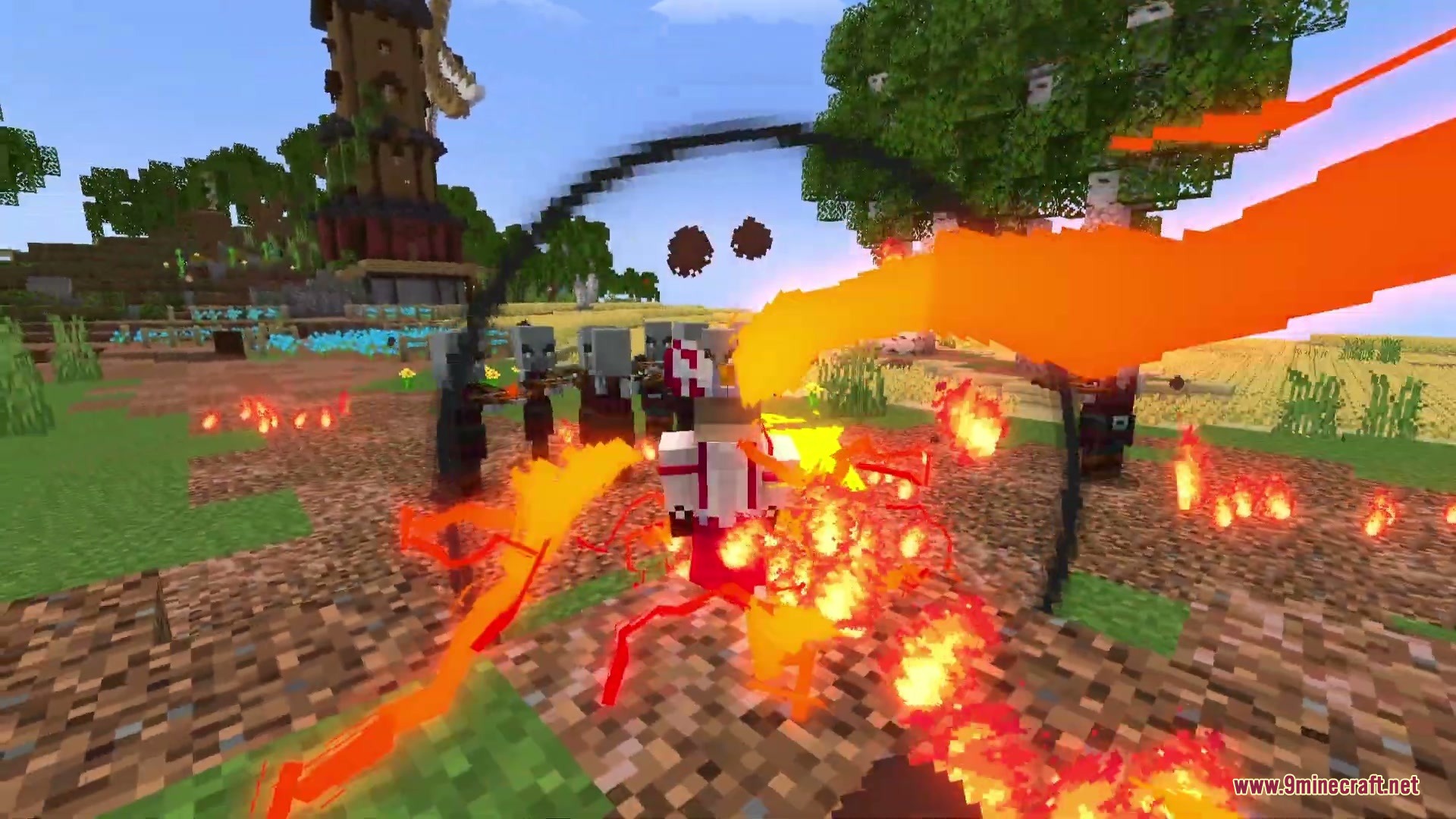 A player character unleashes a massive fire blast against a group of pillagers