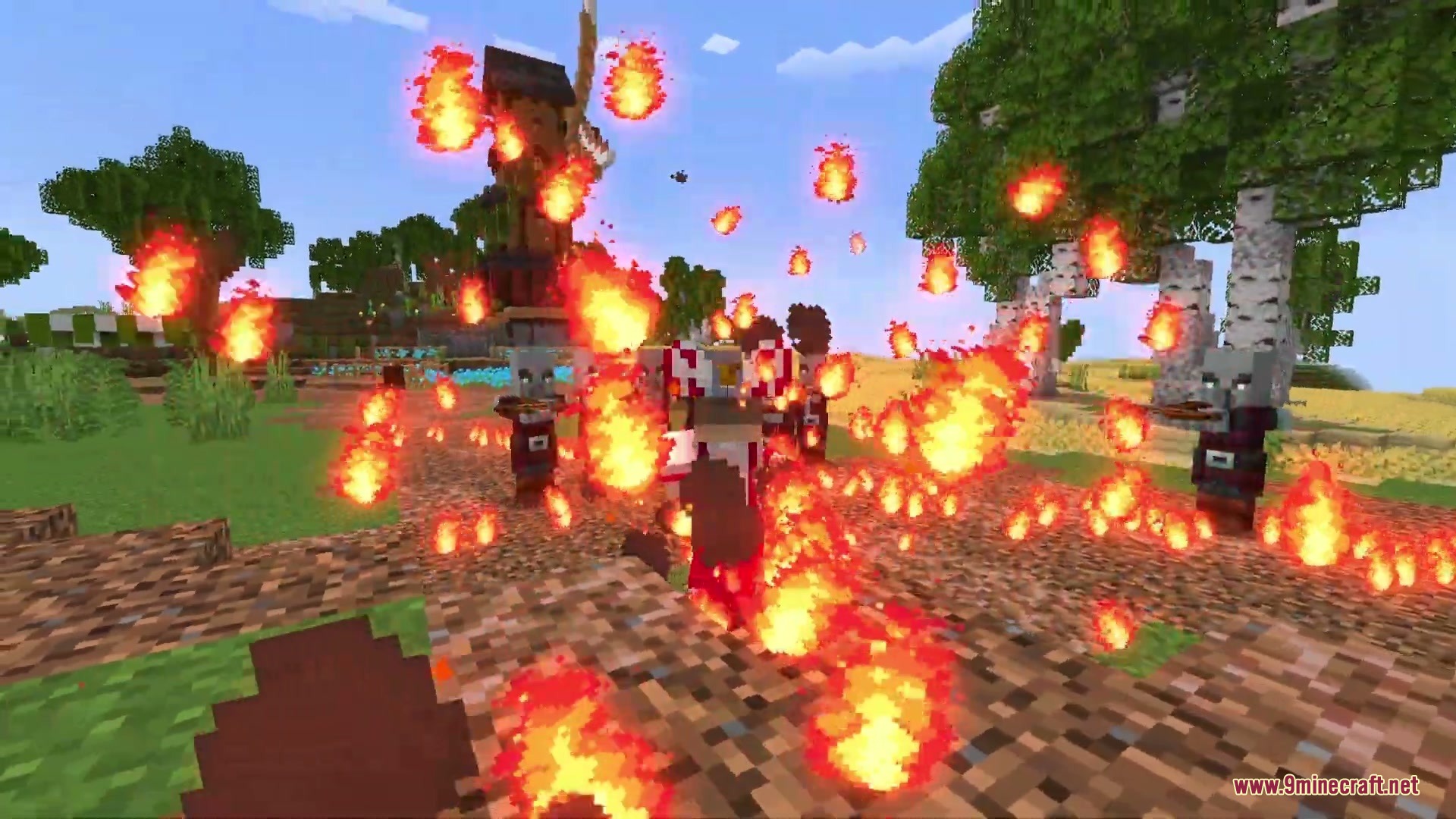 Numerous fireballs surround a player character during a battle in a field
