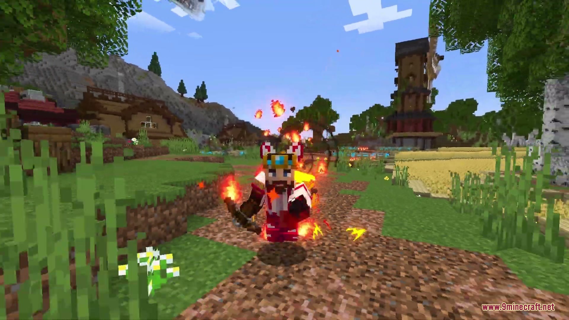 Crowned player character stands surrounded by floating fireballs and glowing fire particles
